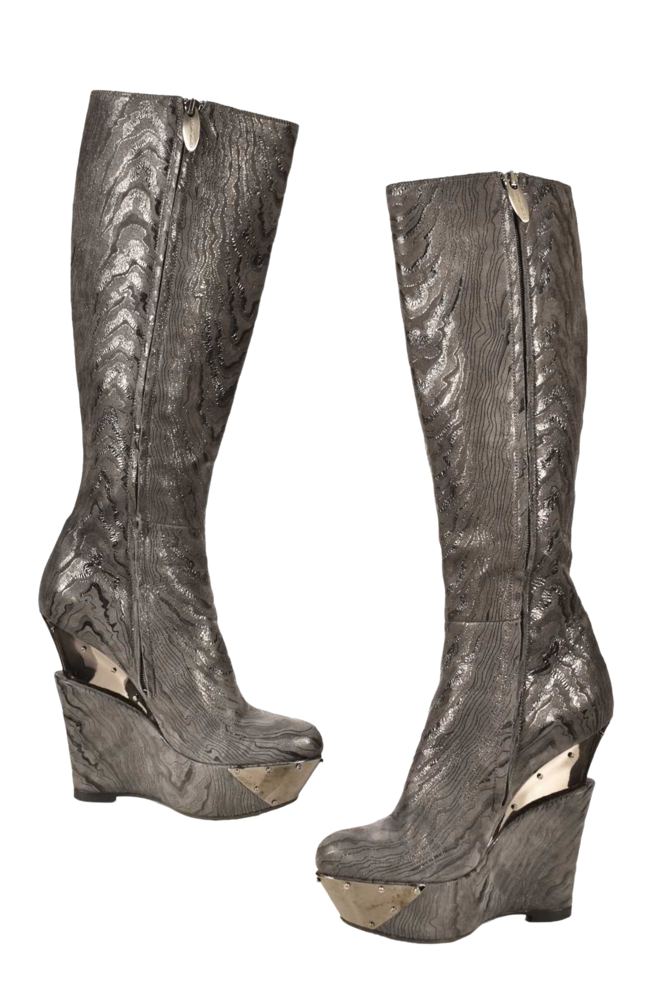 LORIBLU Grey Leather Marble Wedge Metallic Boots 7US