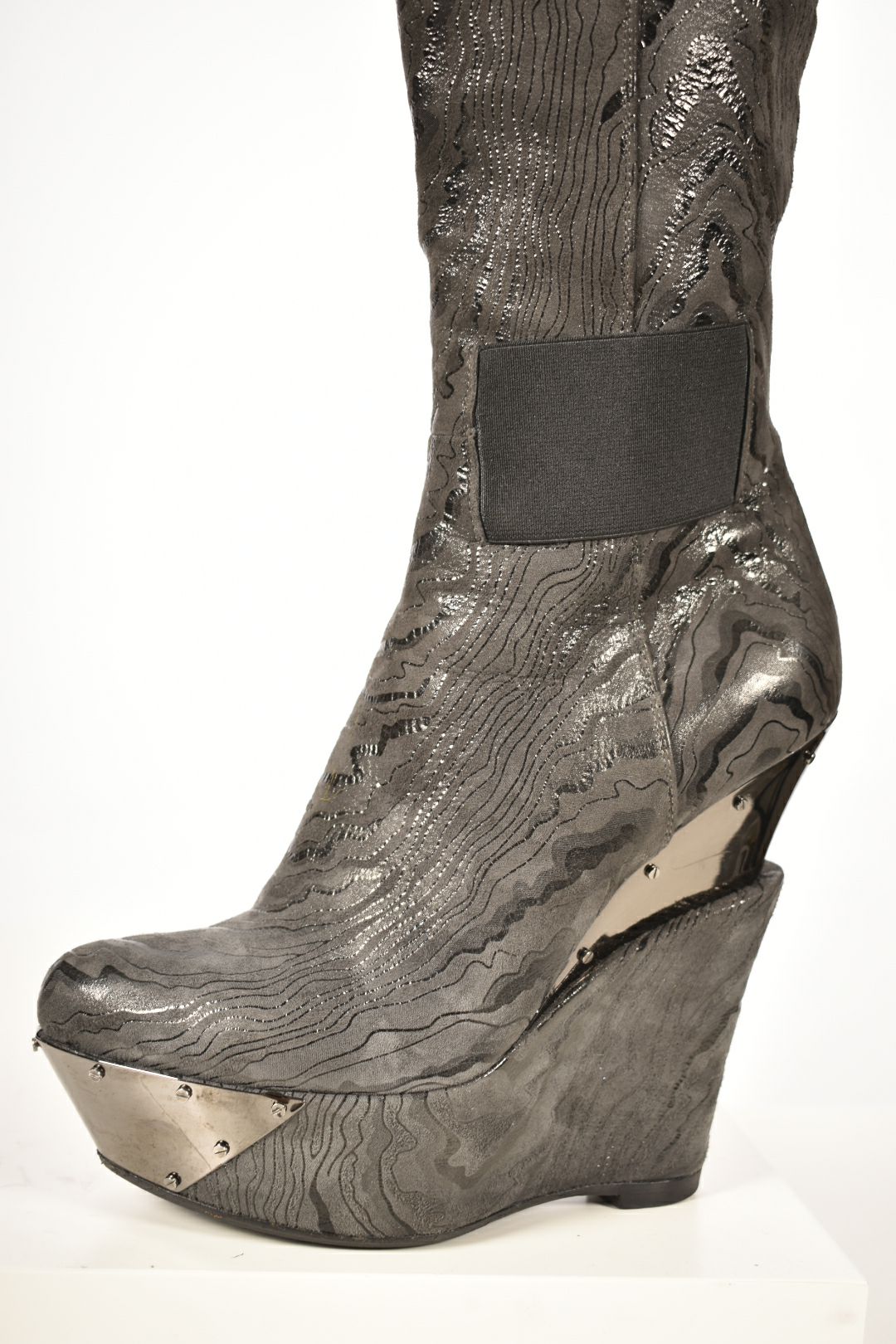 LORIBLU Grey Leather Marble Wedge Metallic Boots 7US