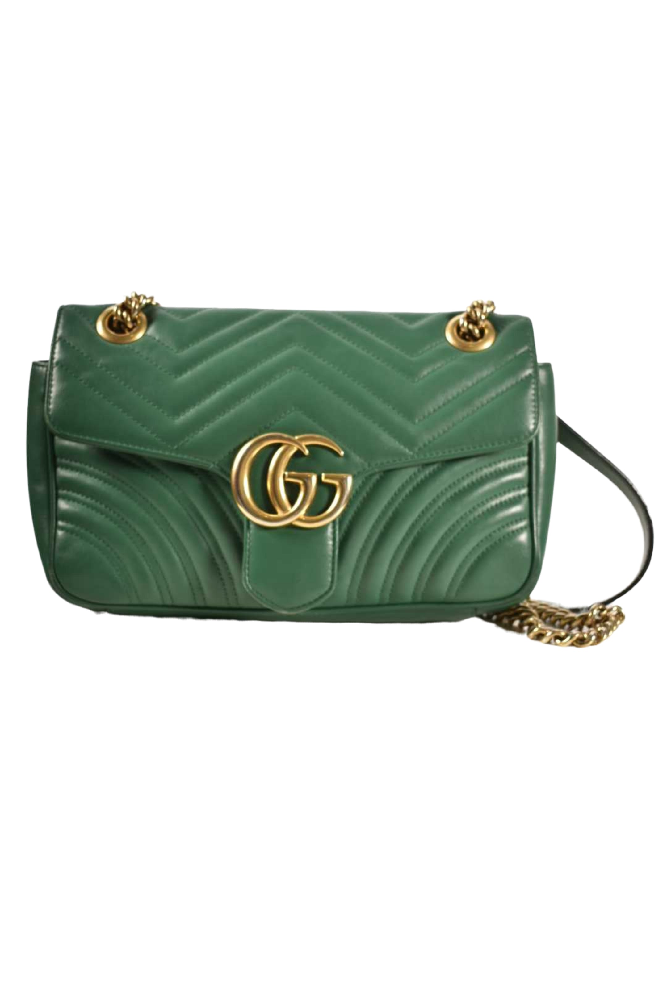 GUCCI Green Calfskin Leather Marmont GG Small Shoulder Bag