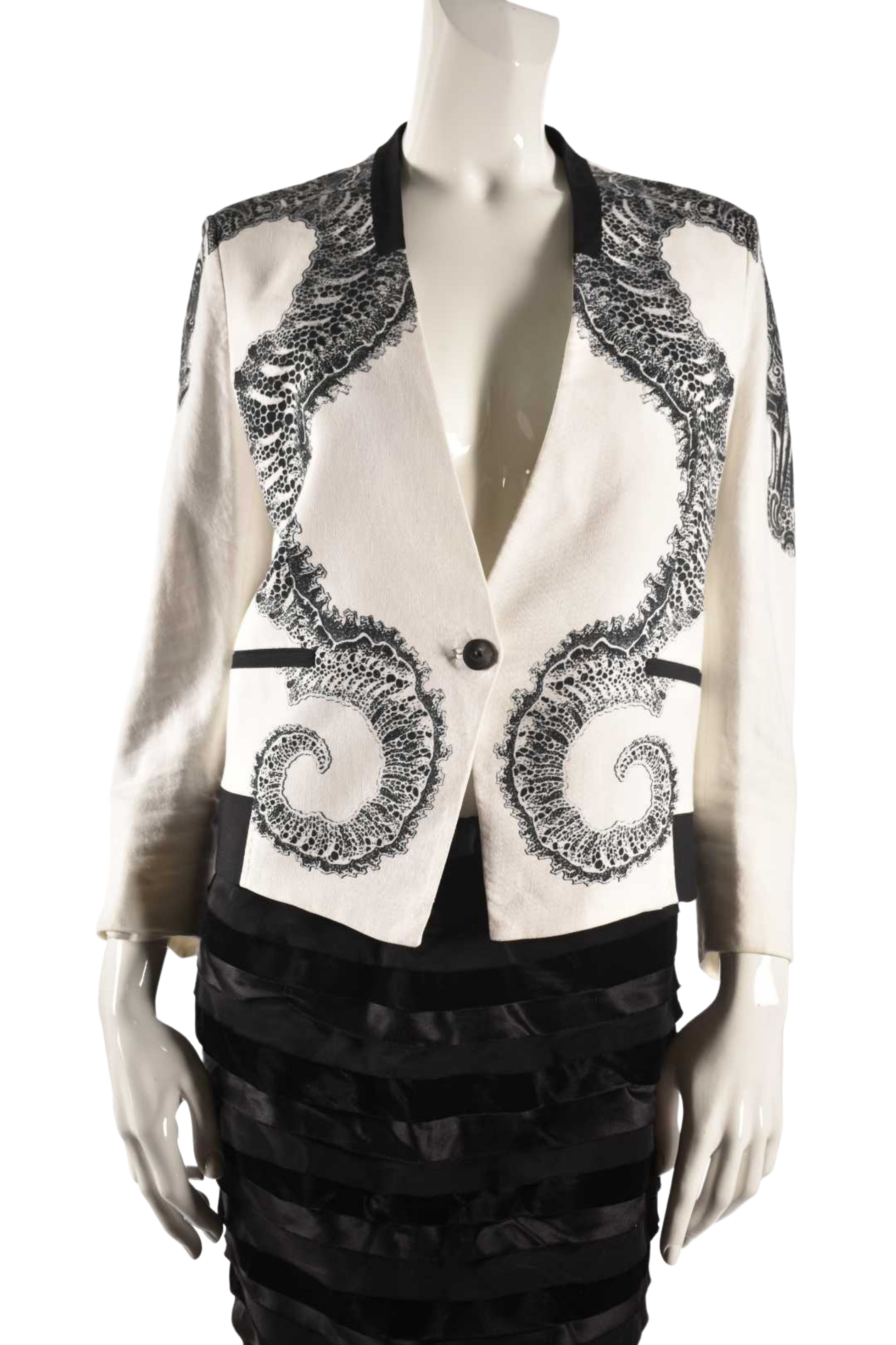 HELMUT LANG White Cotton Linen Seahorse Print Jacket 8US