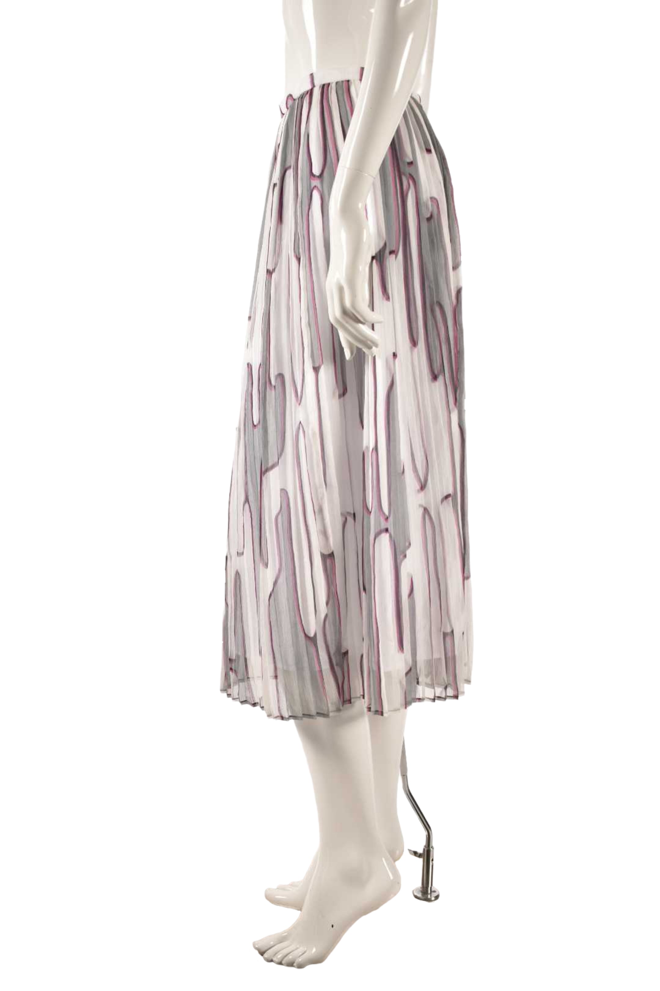 KENZO White Pink Psychadelic Pleated Silk Midi Skirt 34EU Small