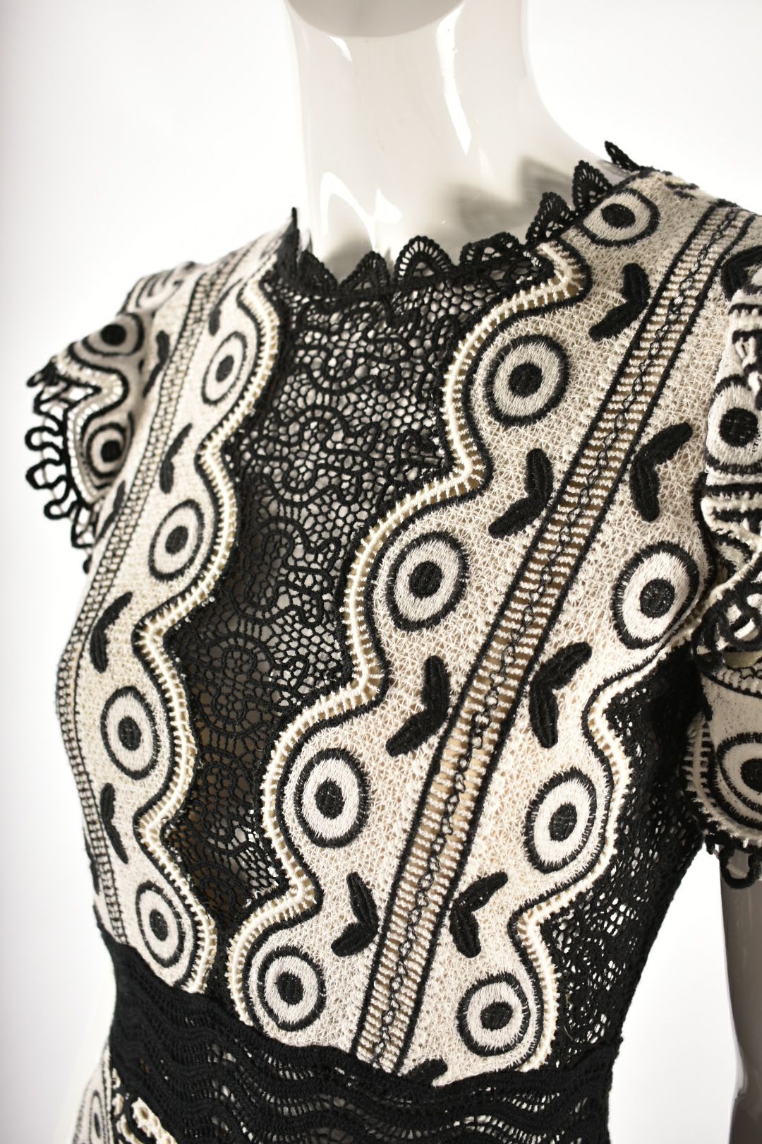 SEA New York Black White Crochet Boho Fitted Mini Dress 4US