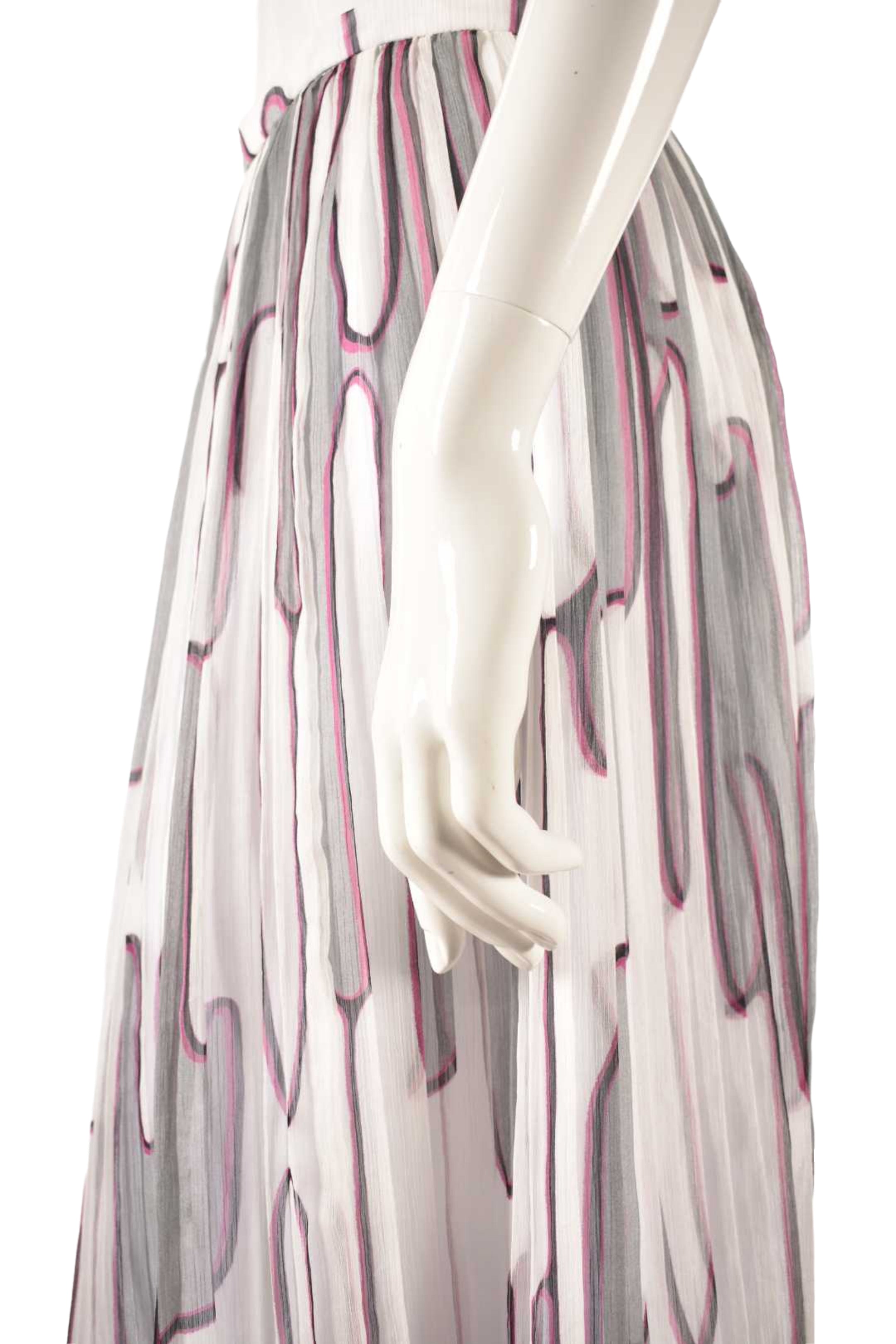 KENZO White Pink Psychadelic Pleated Silk Midi Skirt 34EU Small
