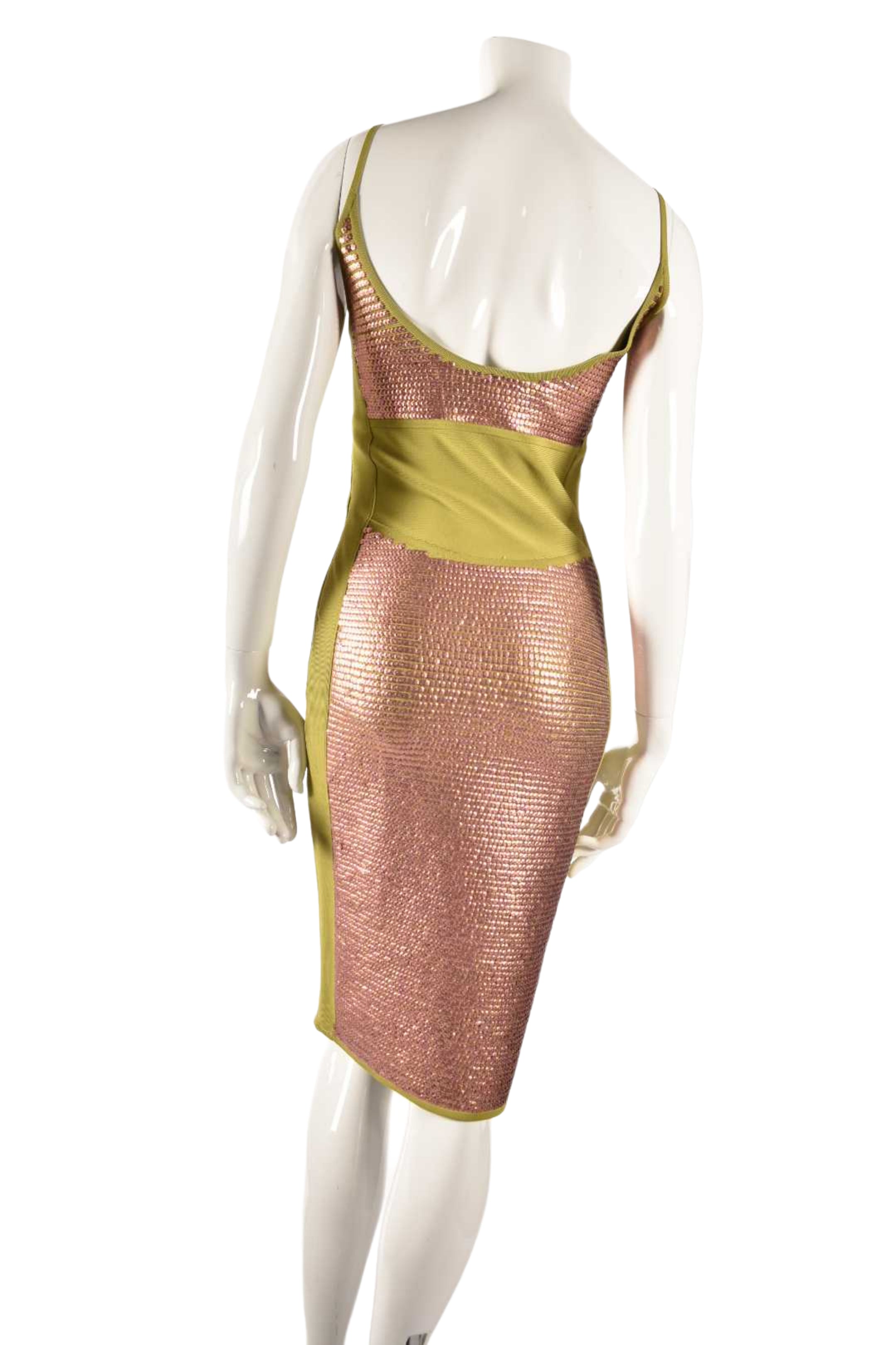2000s HERVE LEGER Green Copper Sequin Bodycon Rayon Dress Small