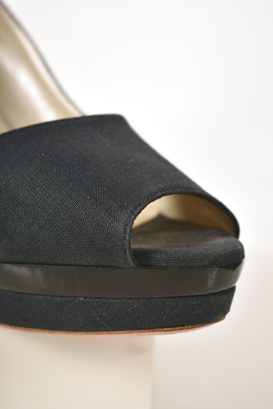 1990s JIL SANDER Navy Linen Wedge Heel Peep Toe Platform Pump 7US Italy