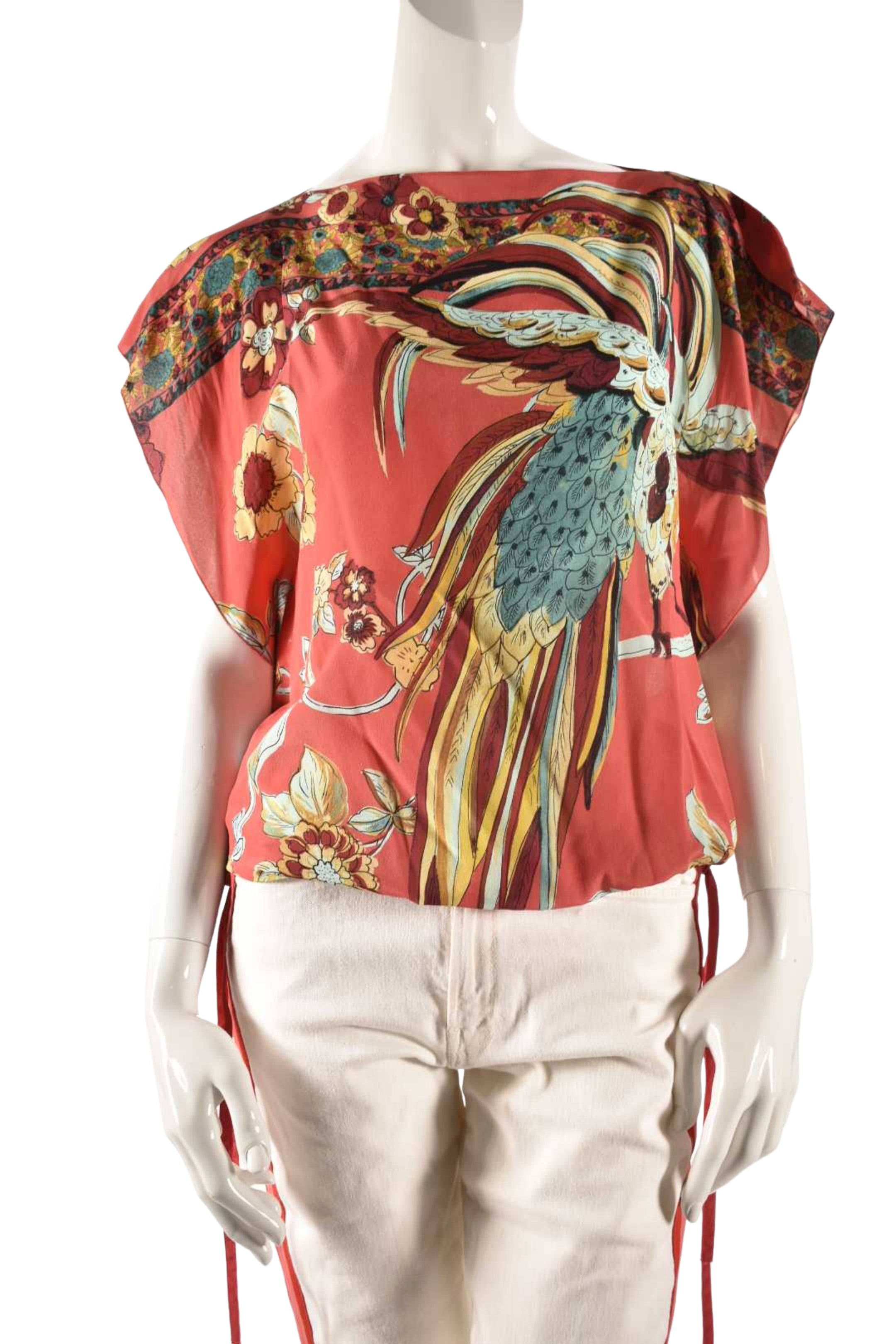 RED VALENTINO Red Silk Tropical Birds Sleevless Tunic Top 44EU Large