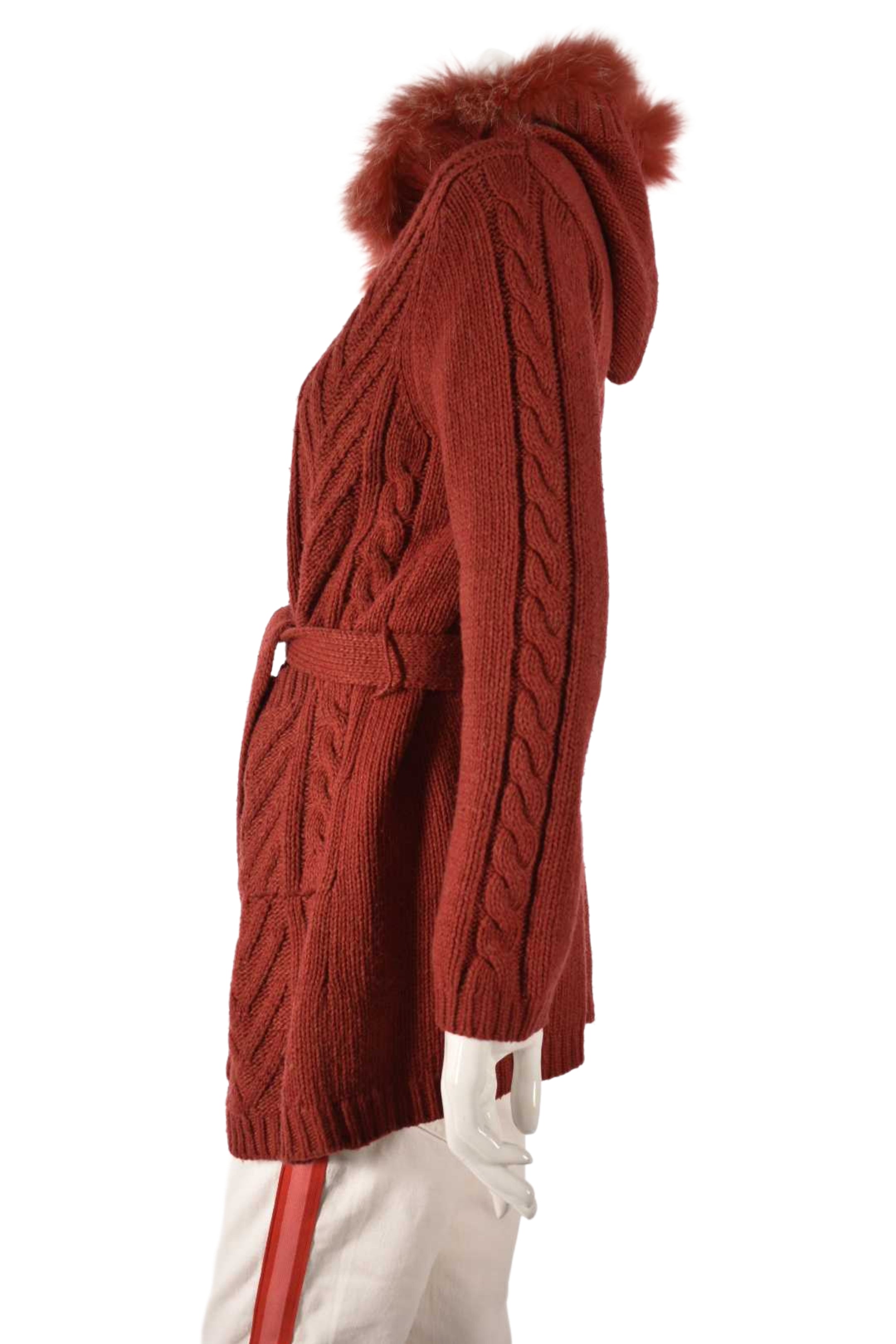 2000s THEORY Orange Wool Cableknit Fur Trim Belted Cardigan Sweater Medium