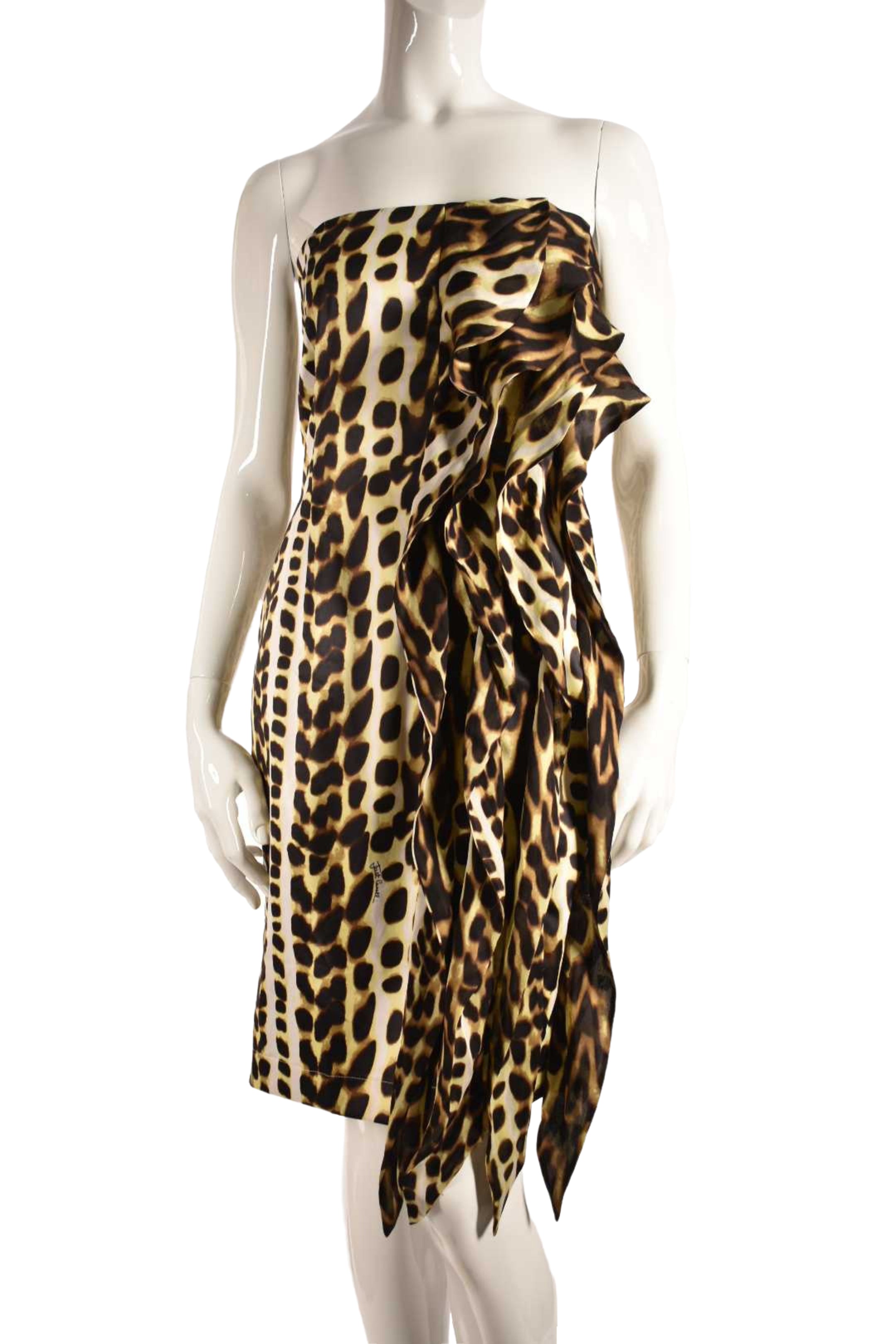 2009 JUST CAVALLI Leopard Print Strapless Silk Fringe Resort Dress