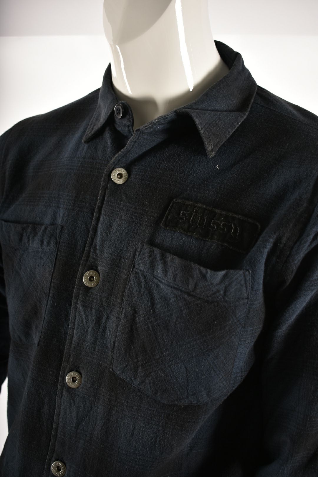 2010s STUSSY Navy Check Cotton Flannel Quilted Shirt Jacket Medium