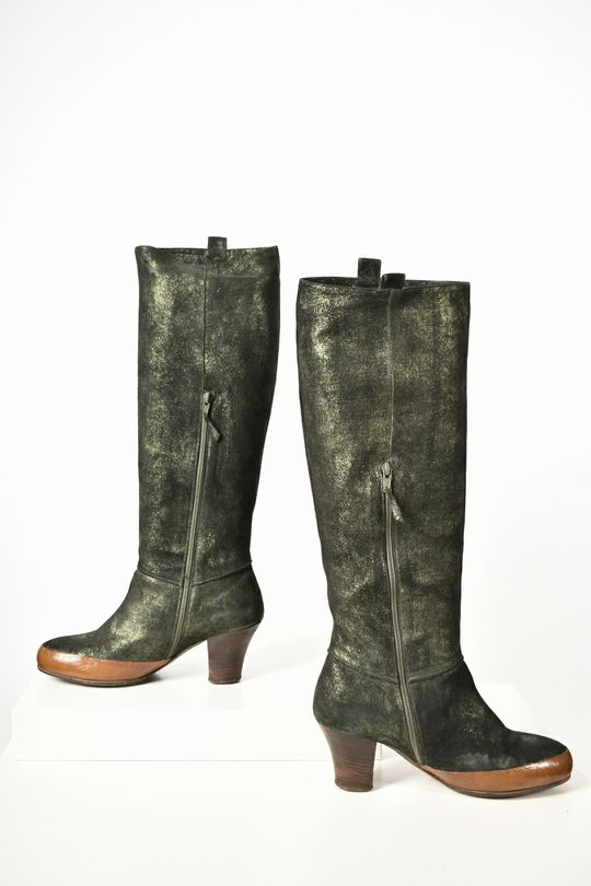 DRIES VAN NOTEN Green Metallic Leather Mid Calf Boots 9US