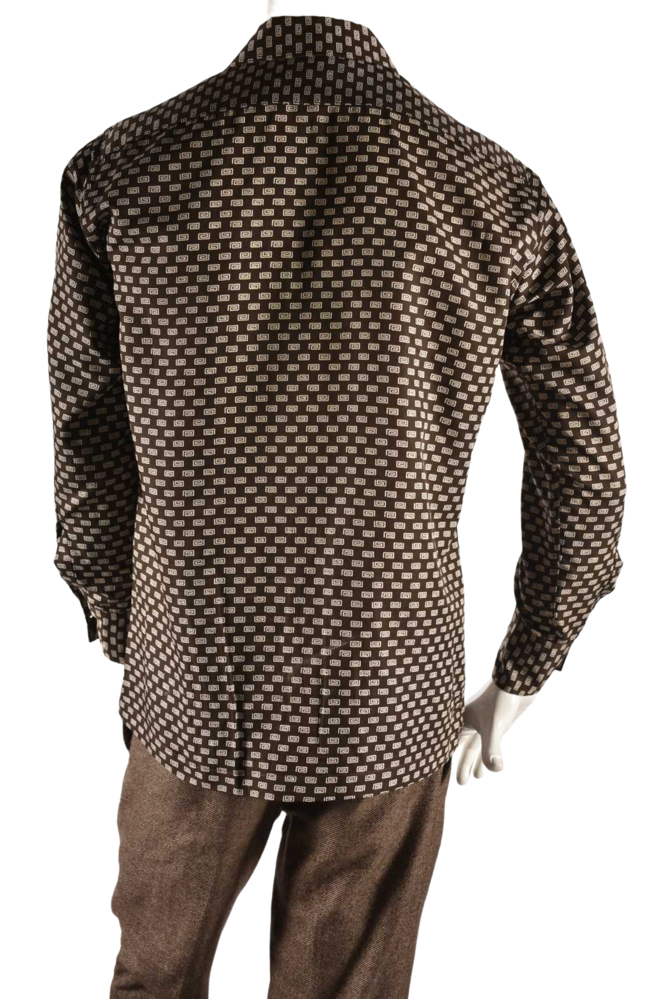 1970s GIVENCHY Brown G Print Pointed Collar Poly Shirt Medium
