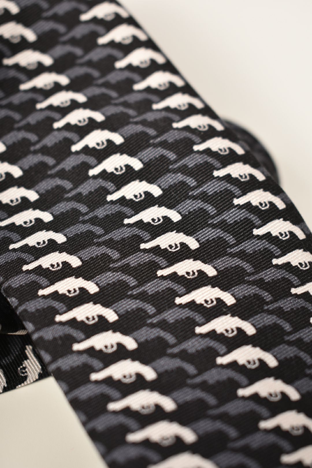 PRADA Black White Grey Pistol Gun Print Silk Tie Italy