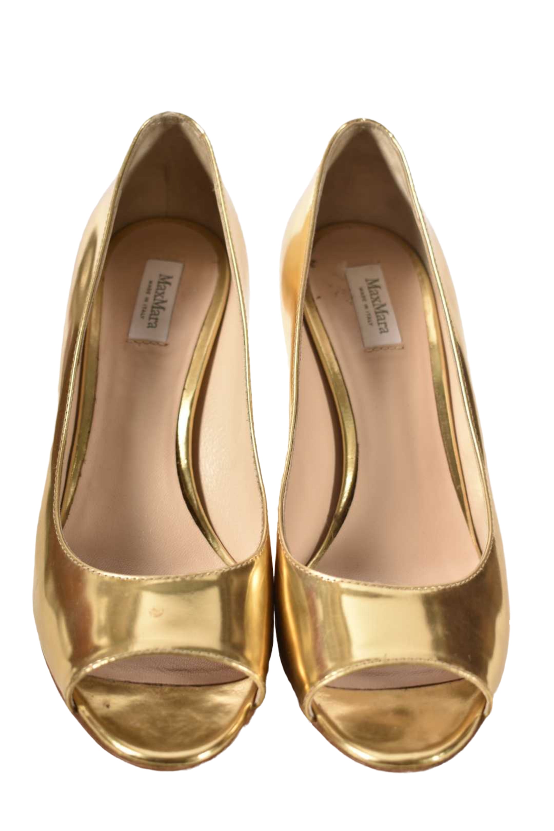 MAX MARA Gold Metallic Leather Peep Toe Pumps 39EU 9US