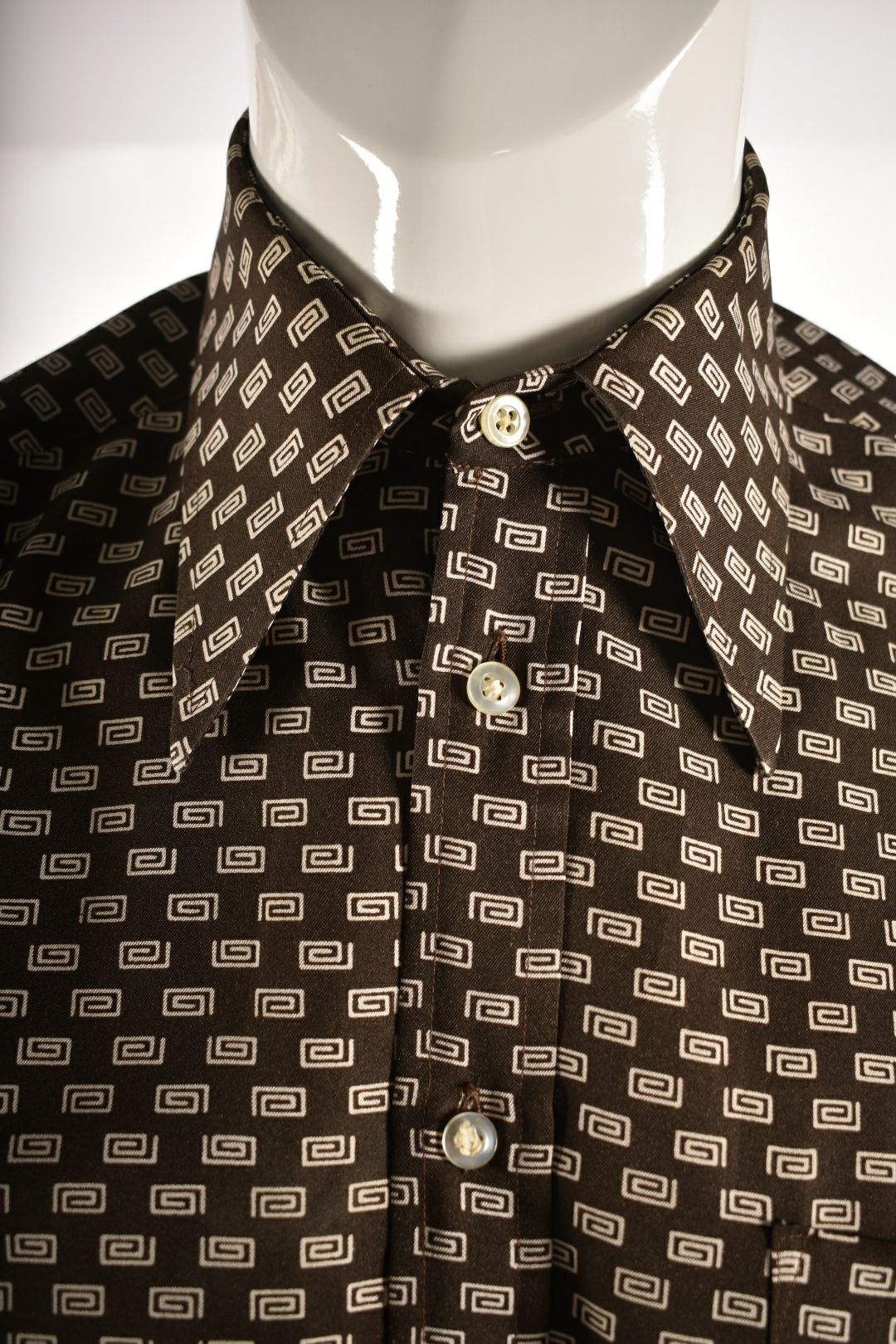 1970s GIVENCHY Brown G Print Pointed Collar Poly Shirt Medium