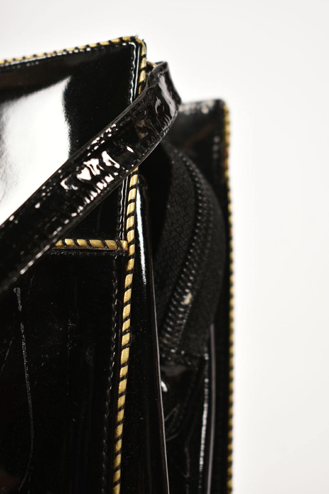 1980s BALLY Black Polished Patent Leather Roped Piping Shoulder Bag