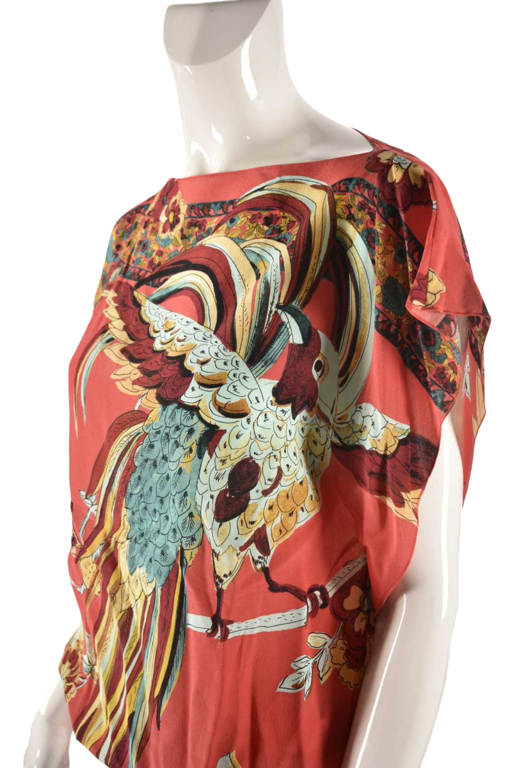 RED VALENTINO Red Silk Tropical Birds Sleevless Tunic Top 44EU Large