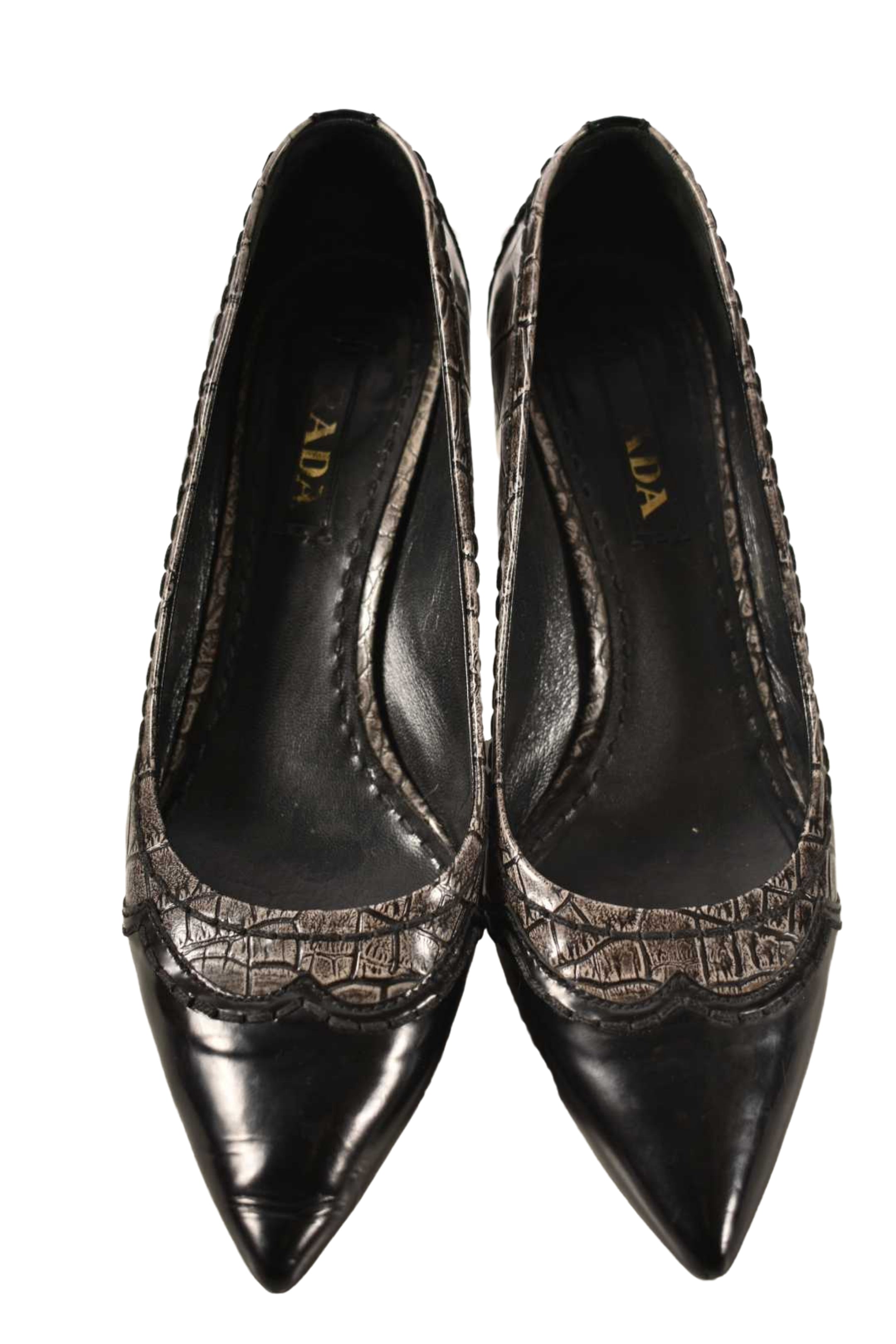 2010s PRADA Grey Black Croc Pattern Kitten Heels 38EU 8US