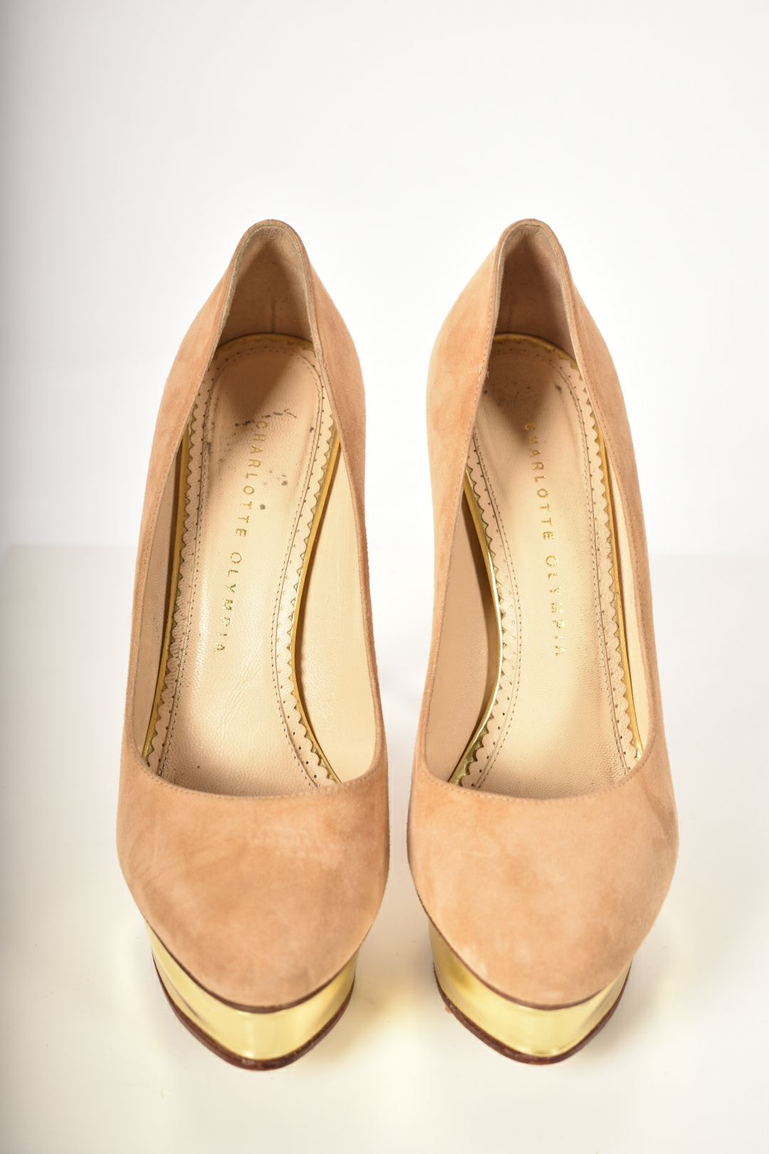CHARLOTTE OLYMPIA Beige Gold Metallic Dolly High Heel Suede Pumps 38.5EU Italy