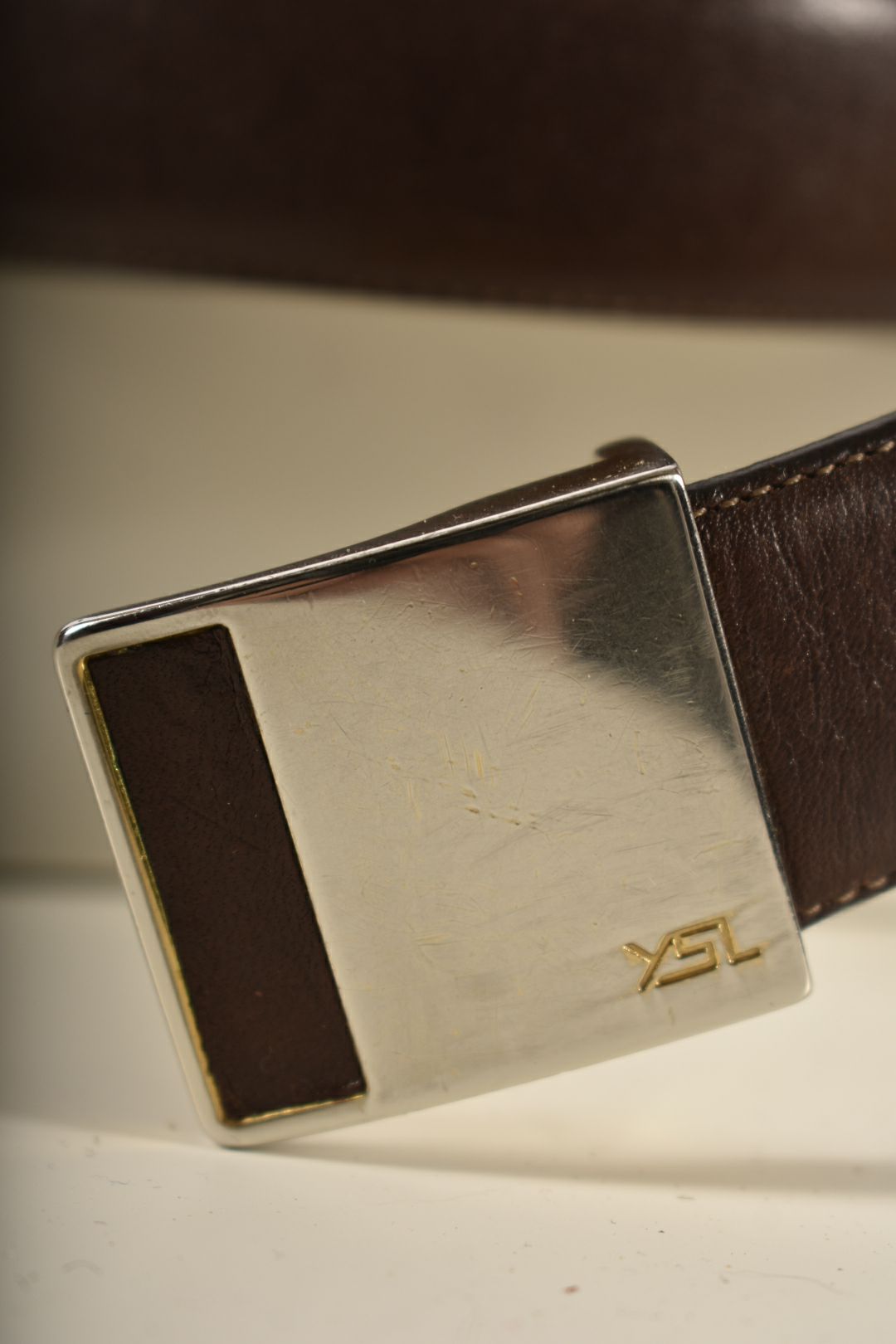 1980s YVES SAINT LAURENT YSL Brown Cowhide Leather Inlaid Buckle Belt 38"