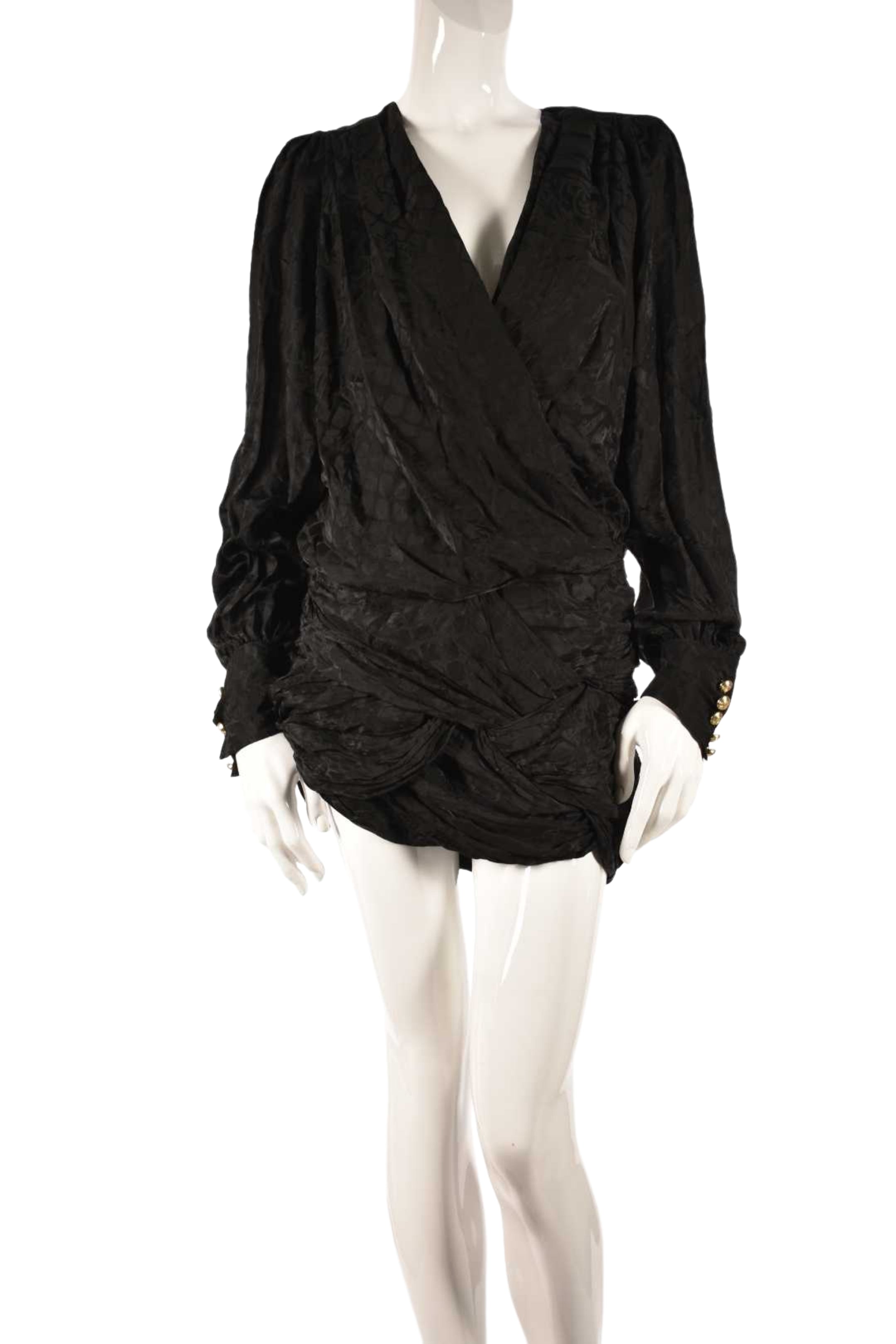 BALMAIN x H&M Black Silk Jacquard Leopard Plunge Dress 8US