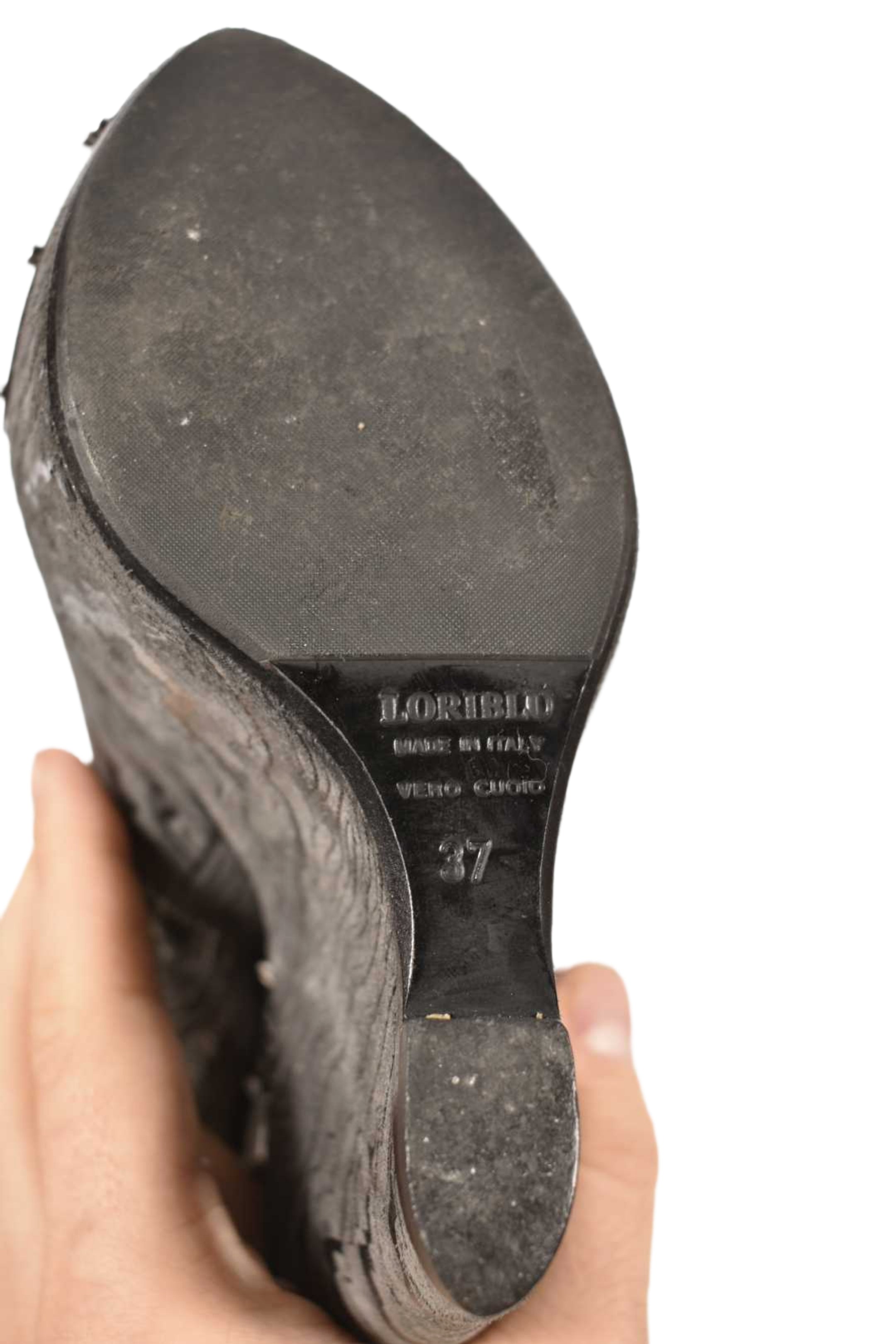 LORIBLU Grey Leather Marble Wedge Metallic Boots 7US