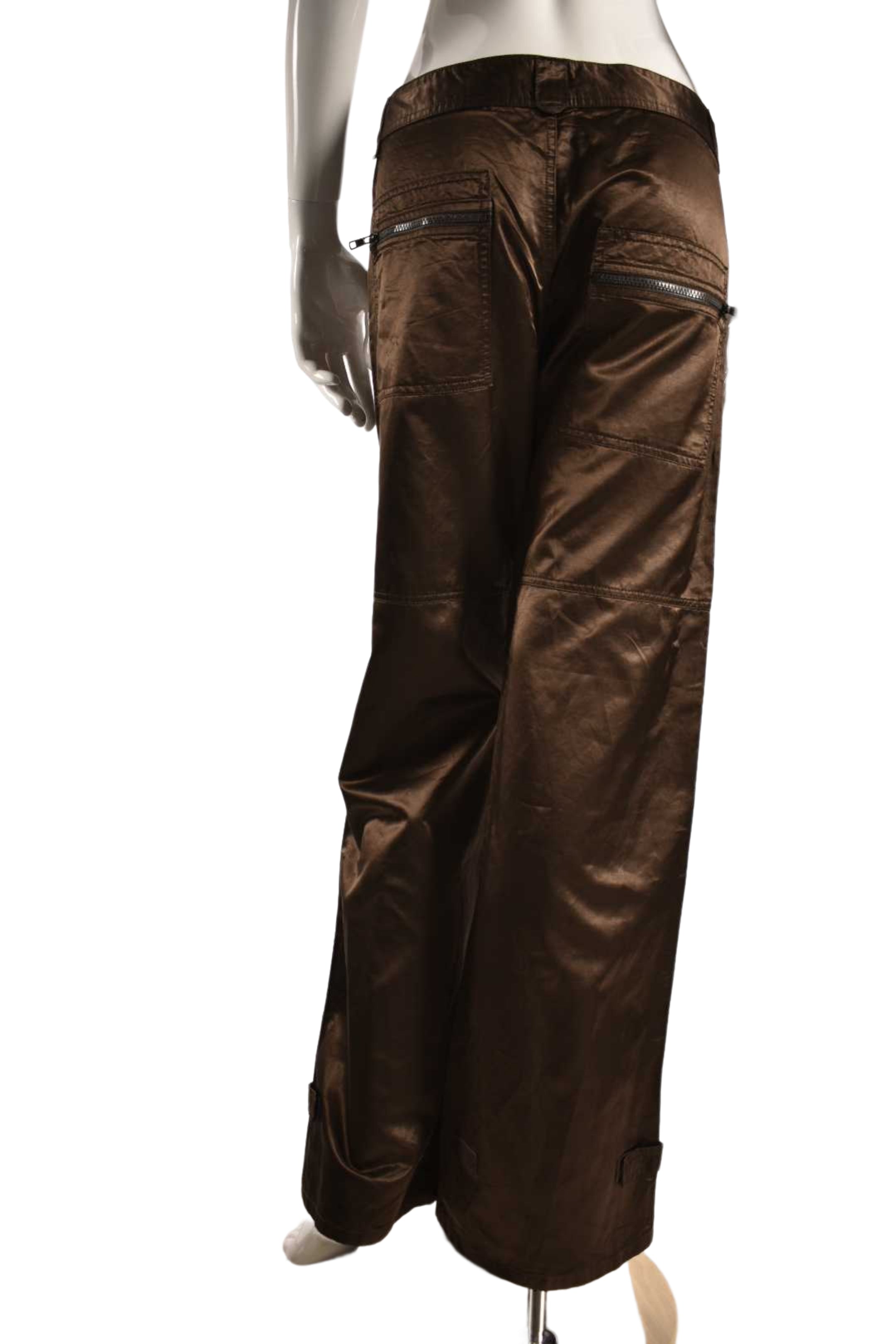 JOSEPH Brown Cotton Satin Zip Utility Wide Leg Pants Large