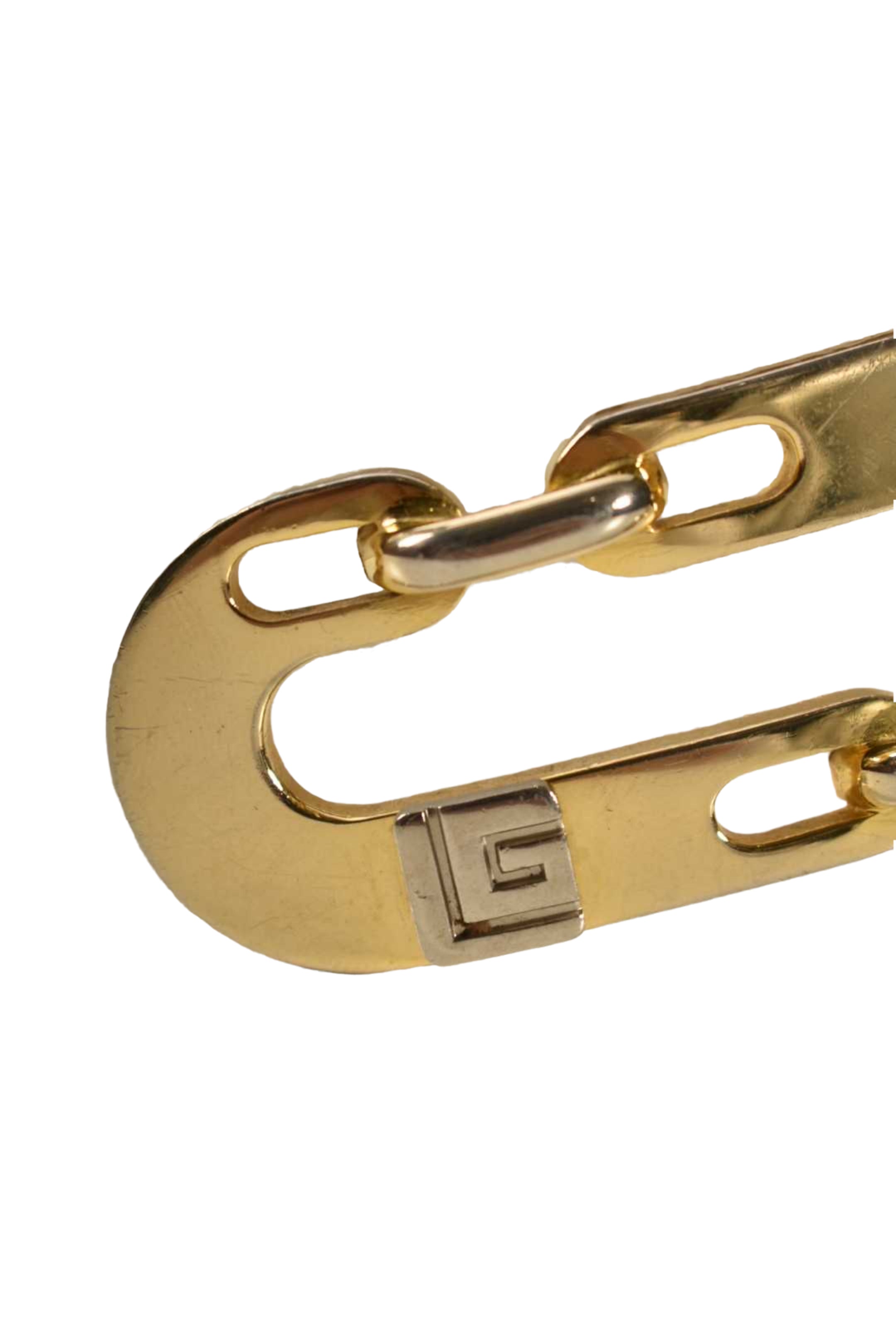 1970s GUY LAROCHE PARIS Tan Polished Brass Logo Belt 28" France