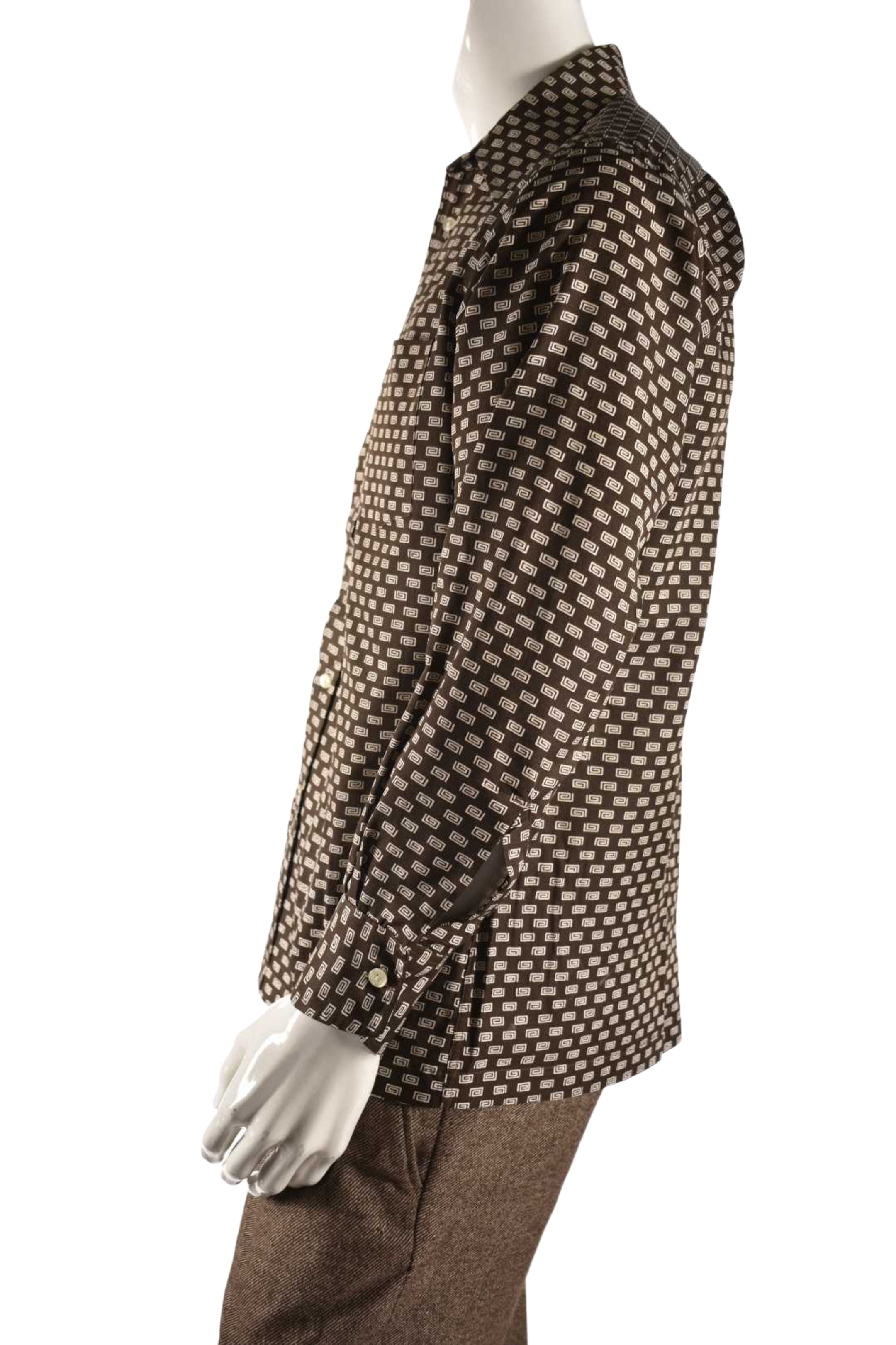 1970s GIVENCHY Brown G Print Pointed Collar Poly Shirt Medium
