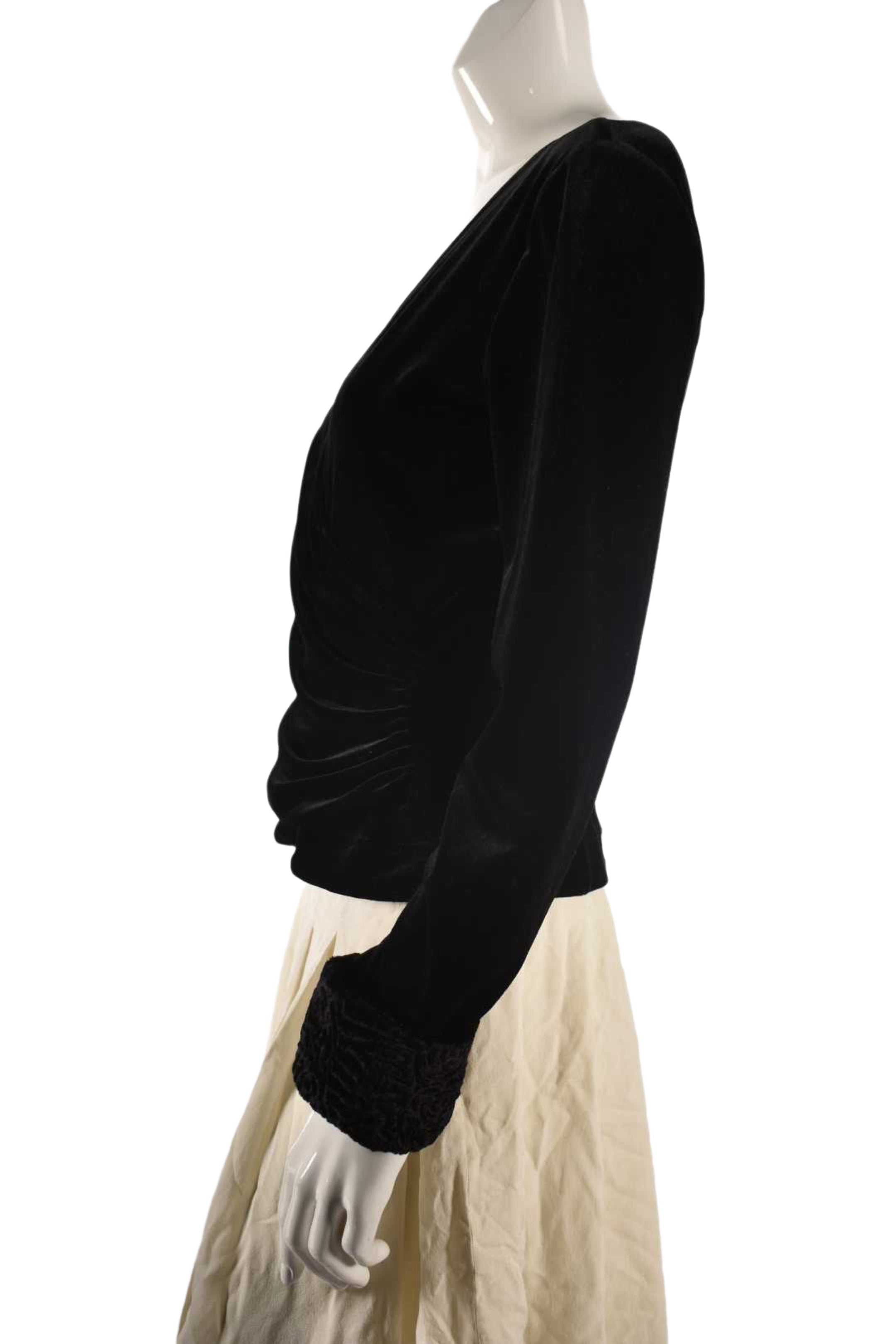 1980s TADASHI SHOJI Black Velvet Plunge Top Fur Cuffs Small