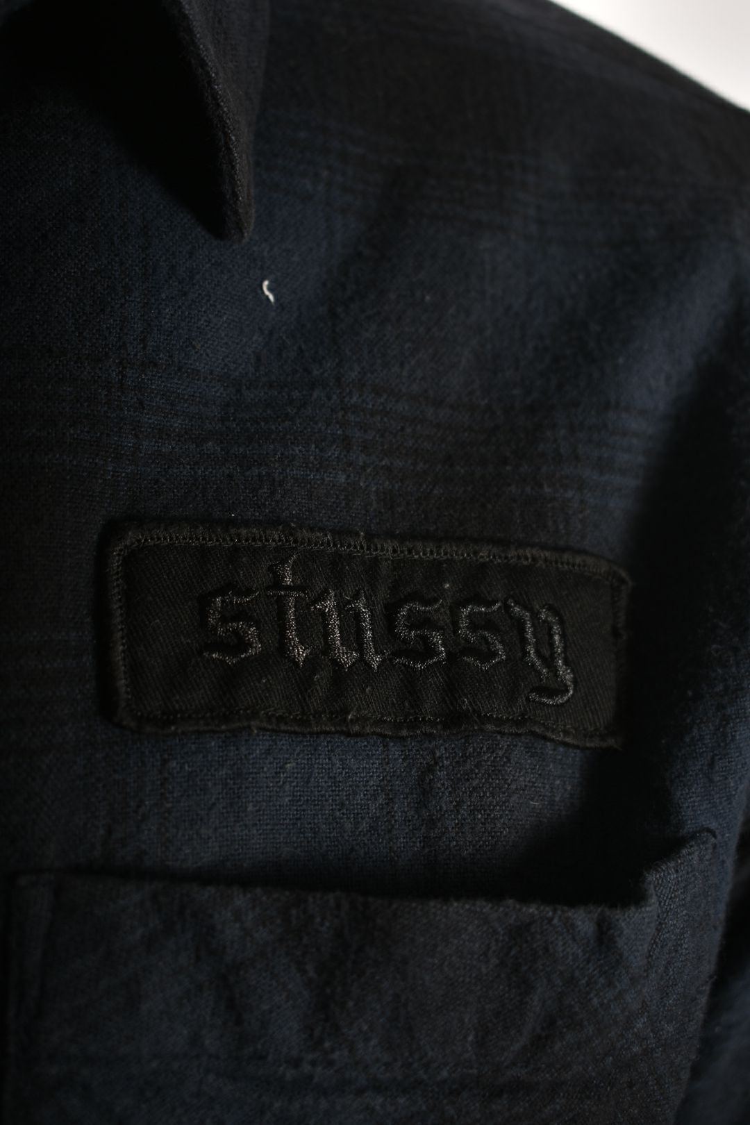 2010s STUSSY Navy Check Cotton Flannel Quilted Shirt Jacket Medium