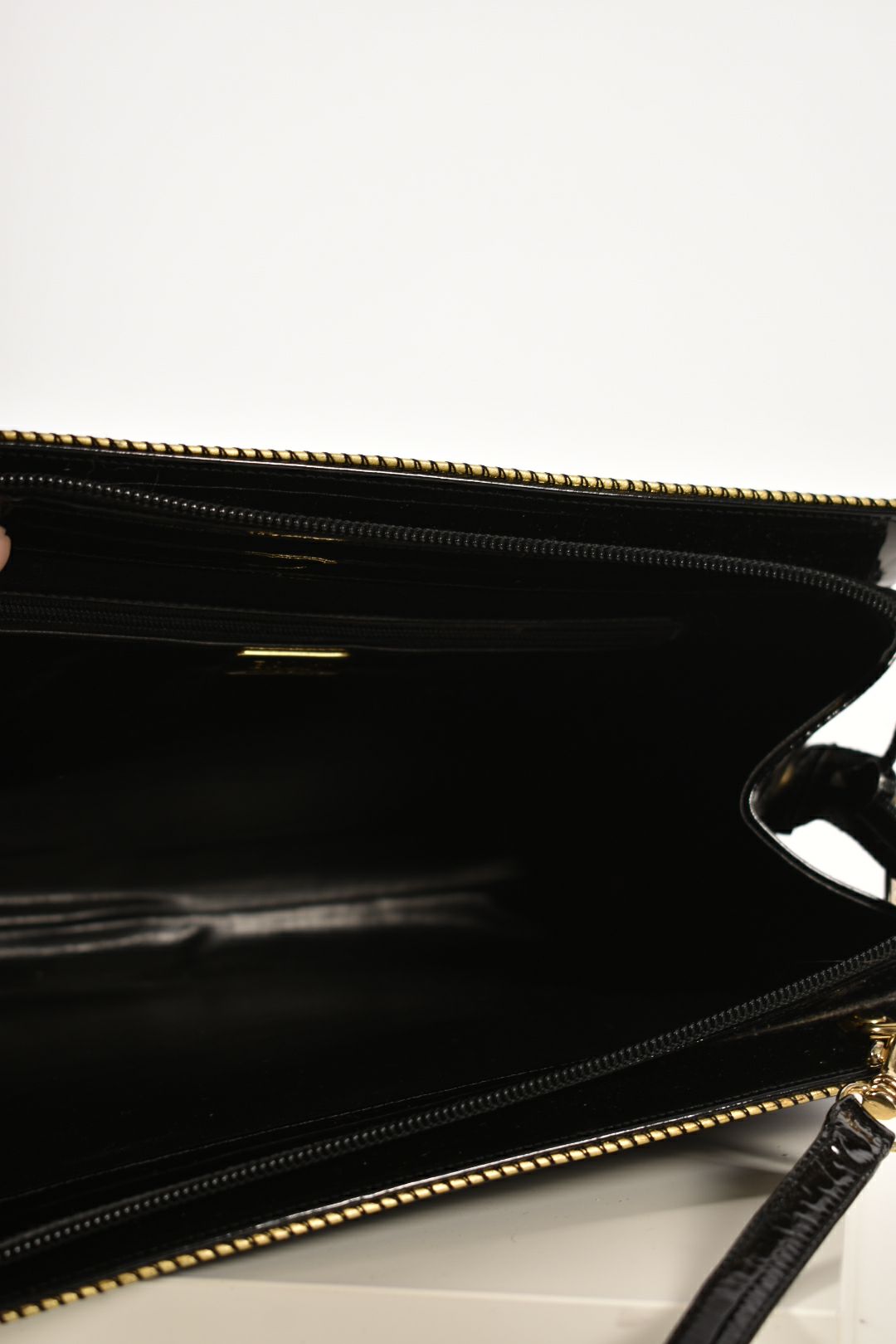 1980s BALLY Black Polished Patent Leather Roped Piping Shoulder Bag
