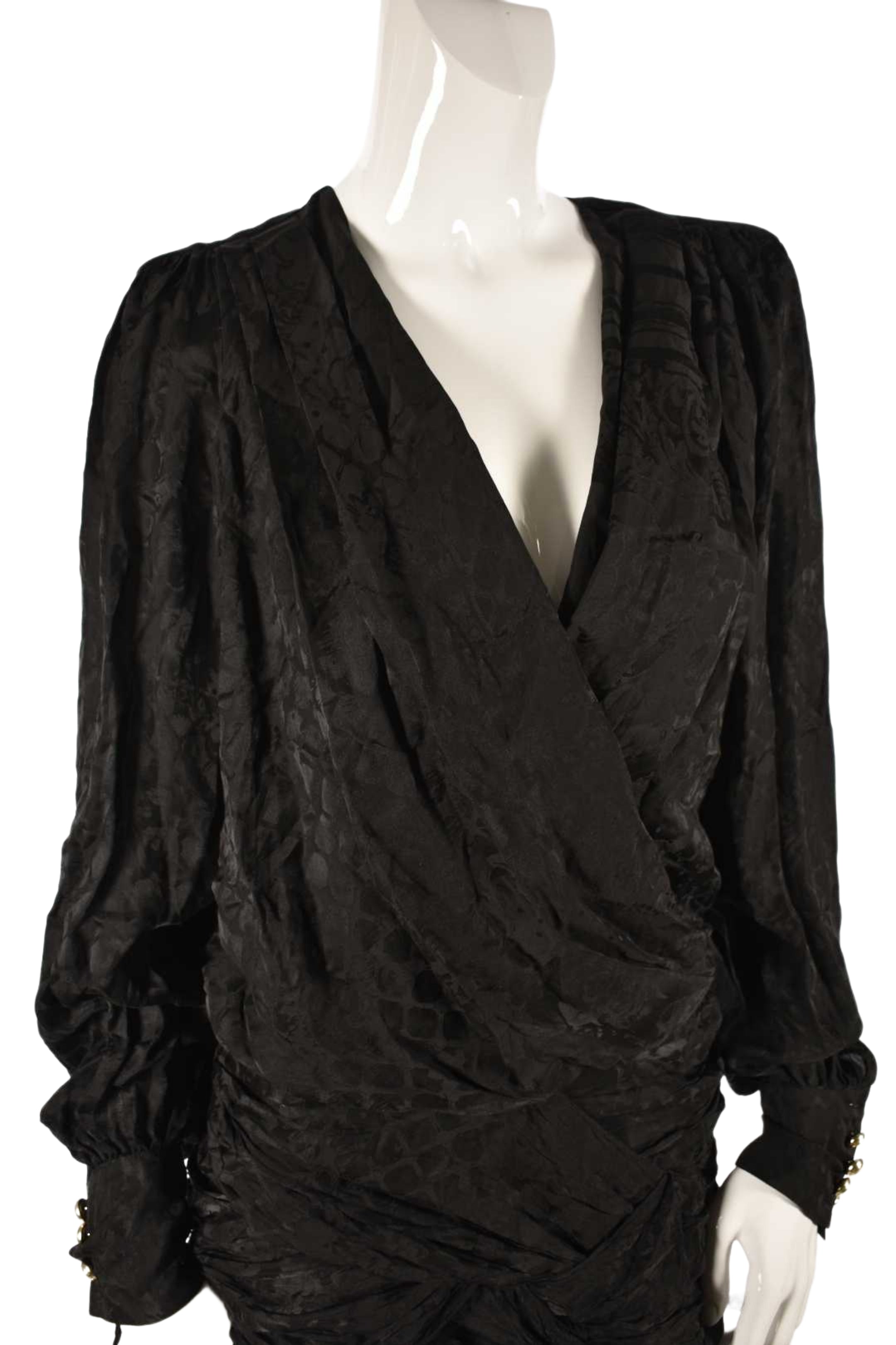 BALMAIN x H&M Black Silk Jacquard Leopard Plunge Dress 8US