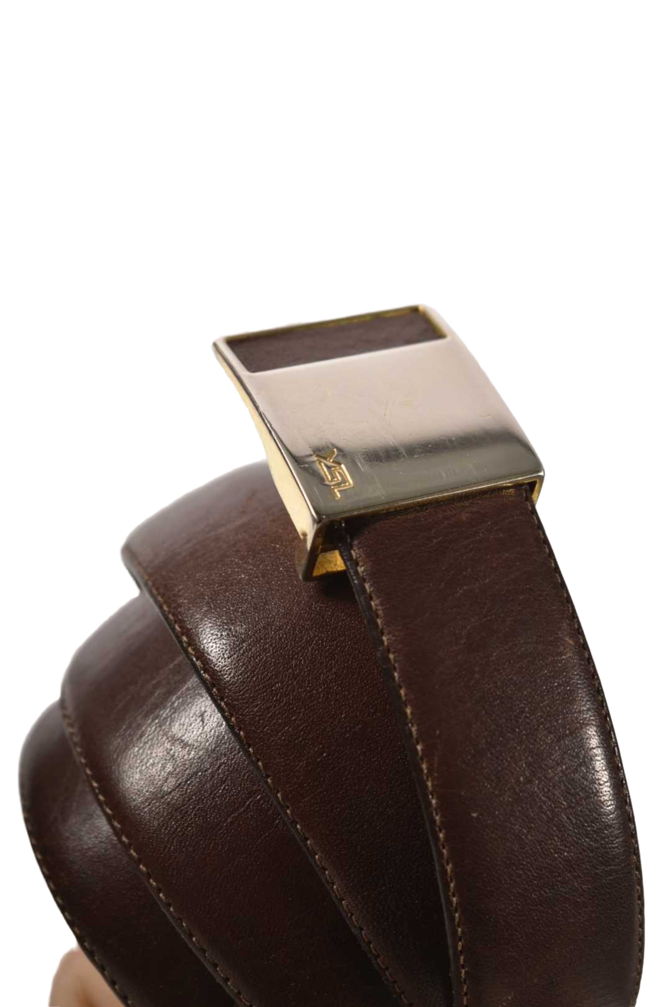 1980s YVES SAINT LAURENT YSL Brown Cowhide Leather Inlaid Buckle Belt 38"