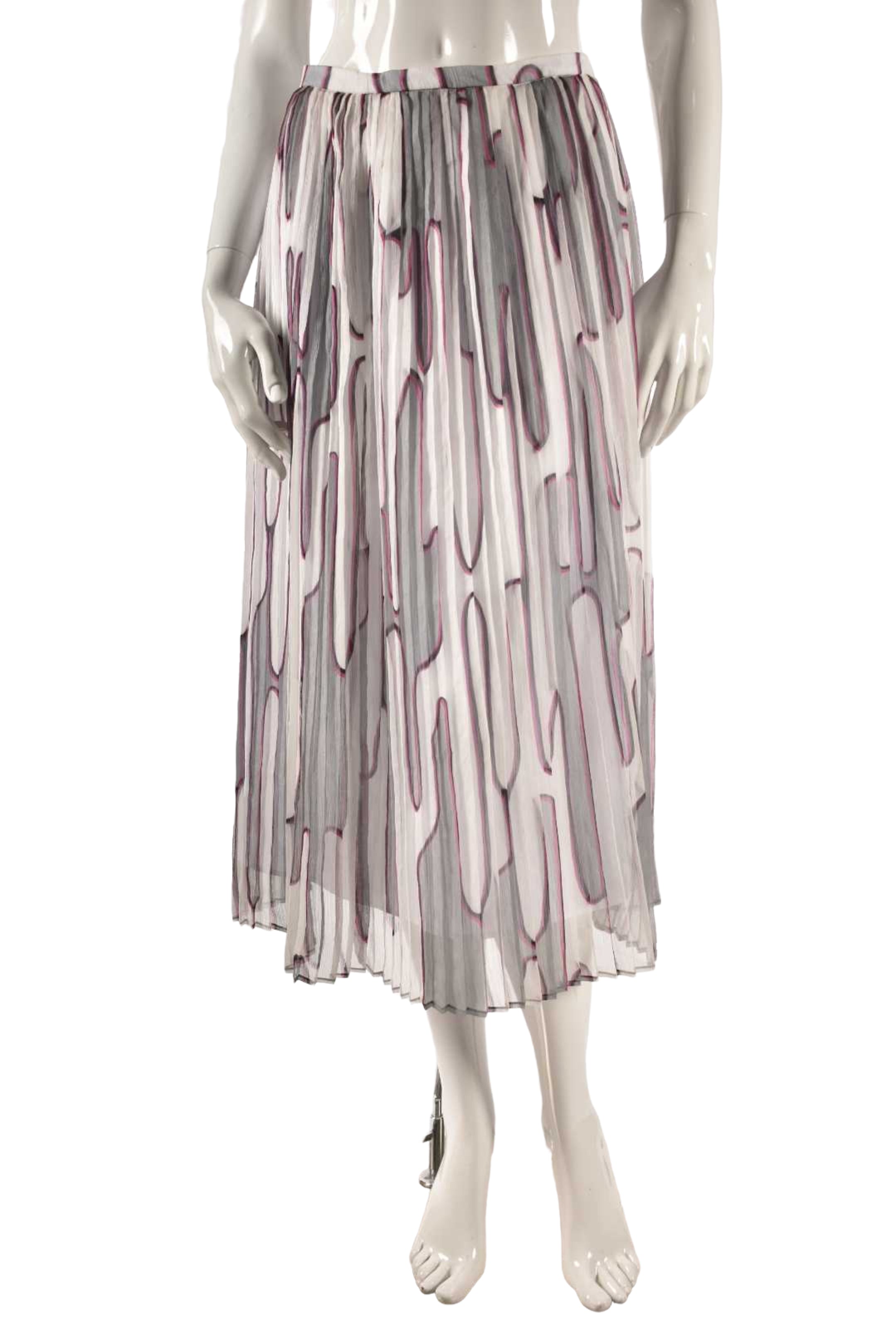 KENZO White Pink Psychadelic Pleated Silk Midi Skirt 34EU Small