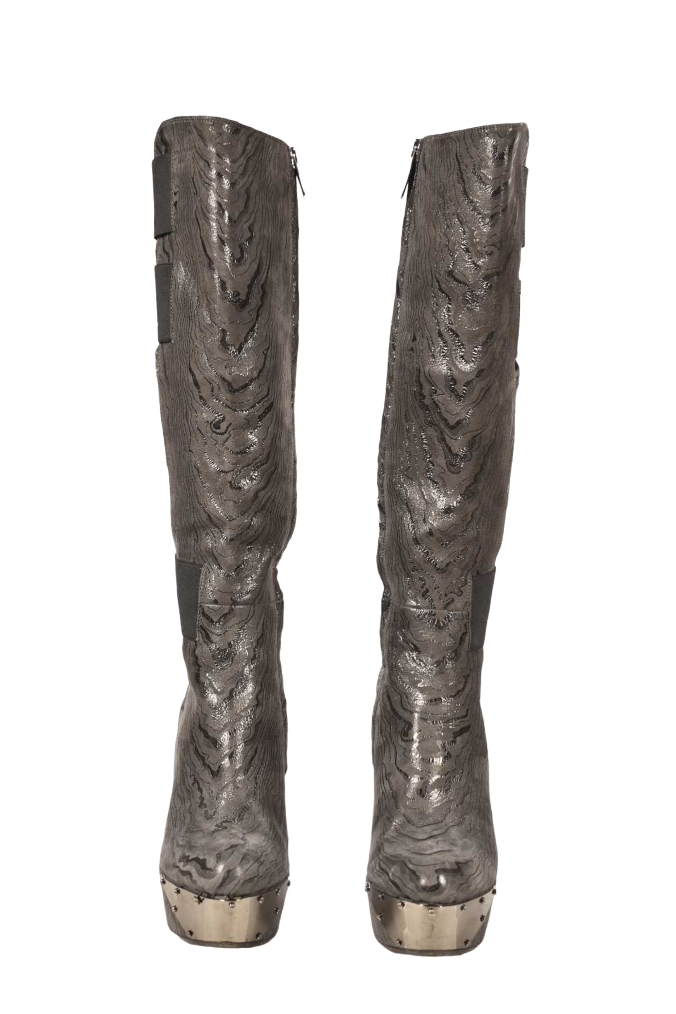 LORIBLU Grey Leather Marble Wedge Metallic Boots 7US