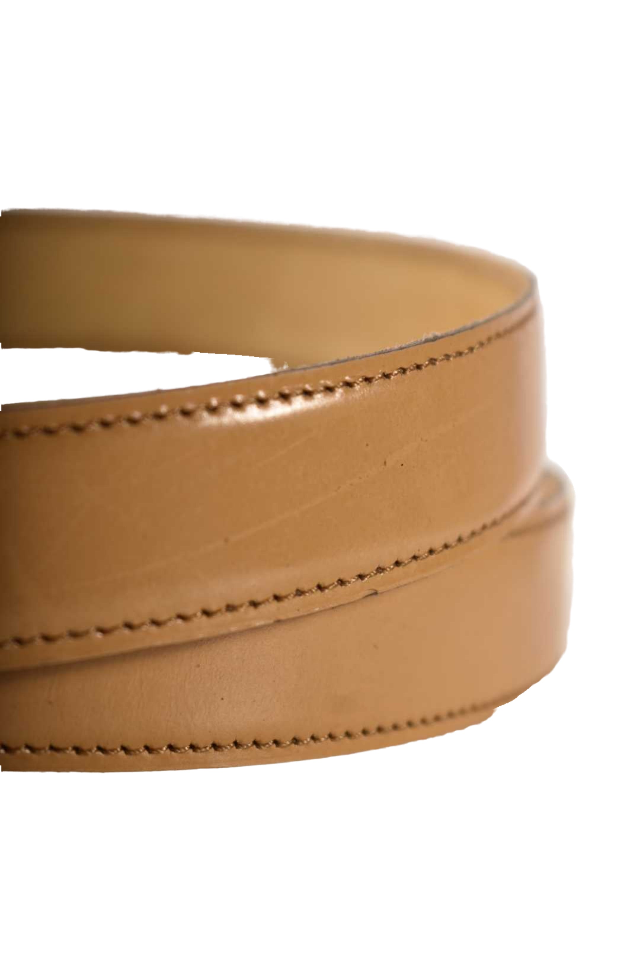 1970s GUY LAROCHE PARIS Tan Polished Brass Logo Belt 28" France
