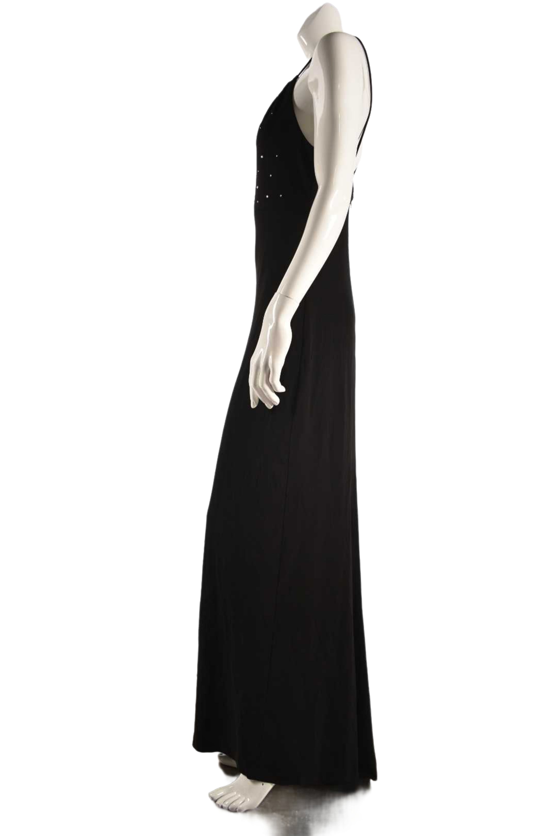 1990s SELINA Black Knit Rayon Rhinestone Halter Gown 6US