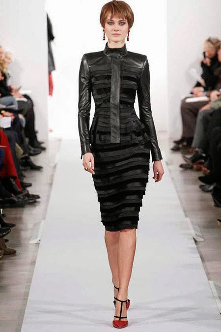 FW2014 OSCAR DE LA RENTA Black Silk Layered Pencil Skirt Runway 6US Medium
