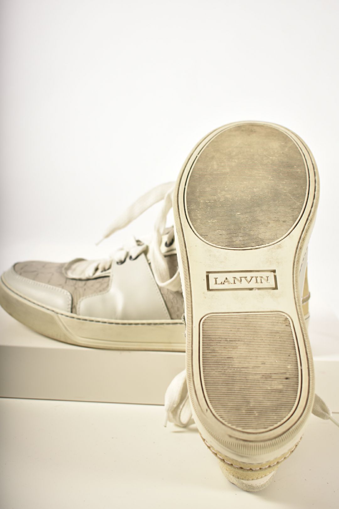 LANVIN White Grey Mixed Media Leather Hightop Zip Sneakers 7EU 8.5US Italy