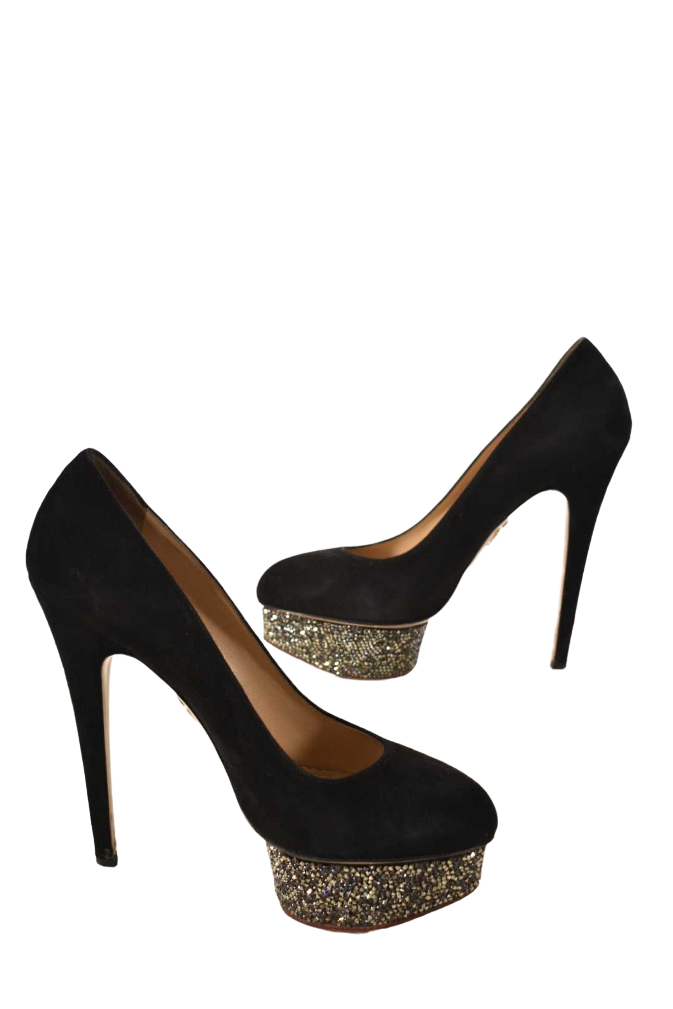 CHARLOTTE OLYMPIA Black Rhinestone Dolly High Heel Suede Pumps 39.5EU Italy