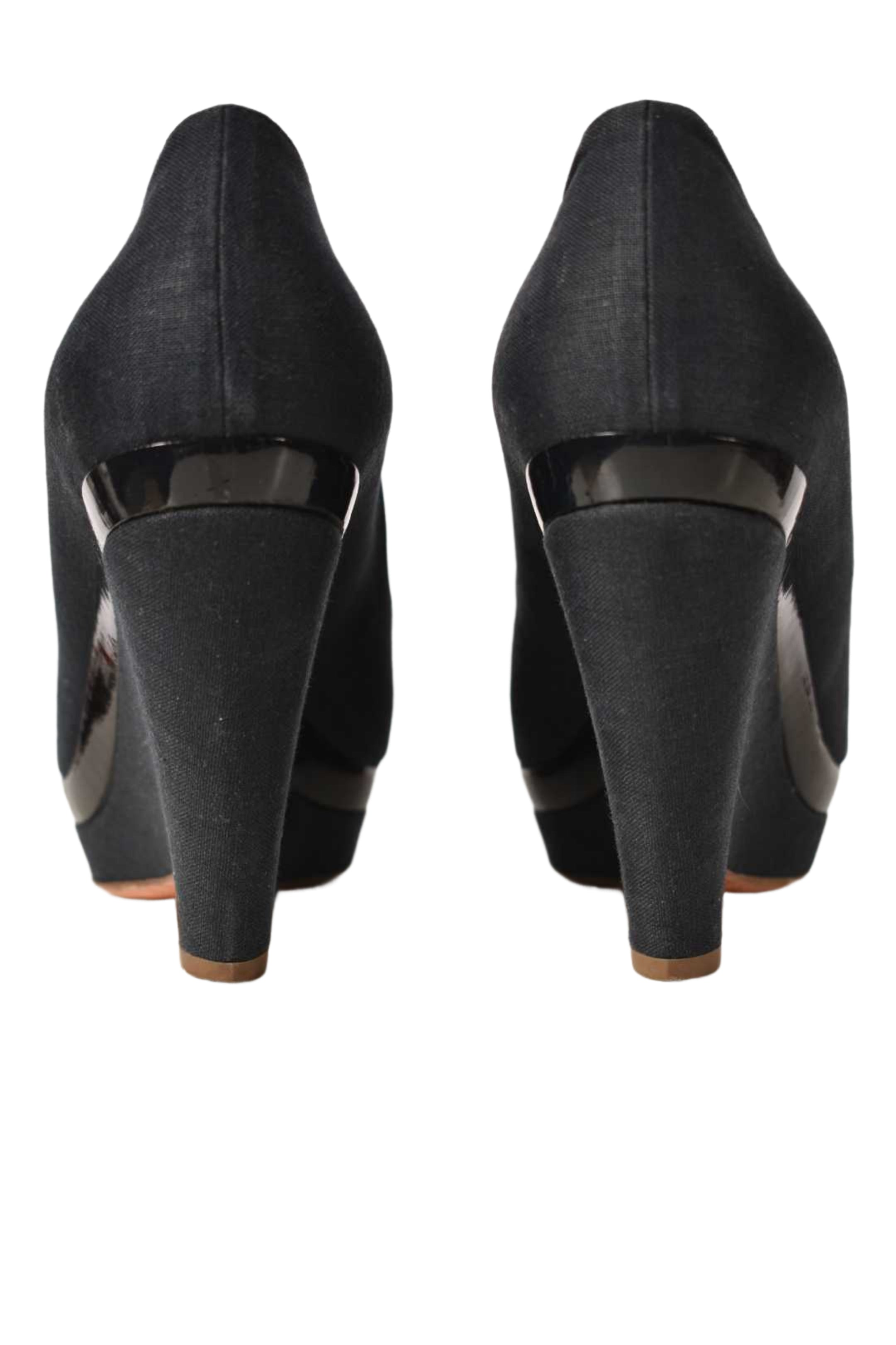 1990s JIL SANDER Navy Linen Wedge Heel Peep Toe Platform Pump 7US Italy