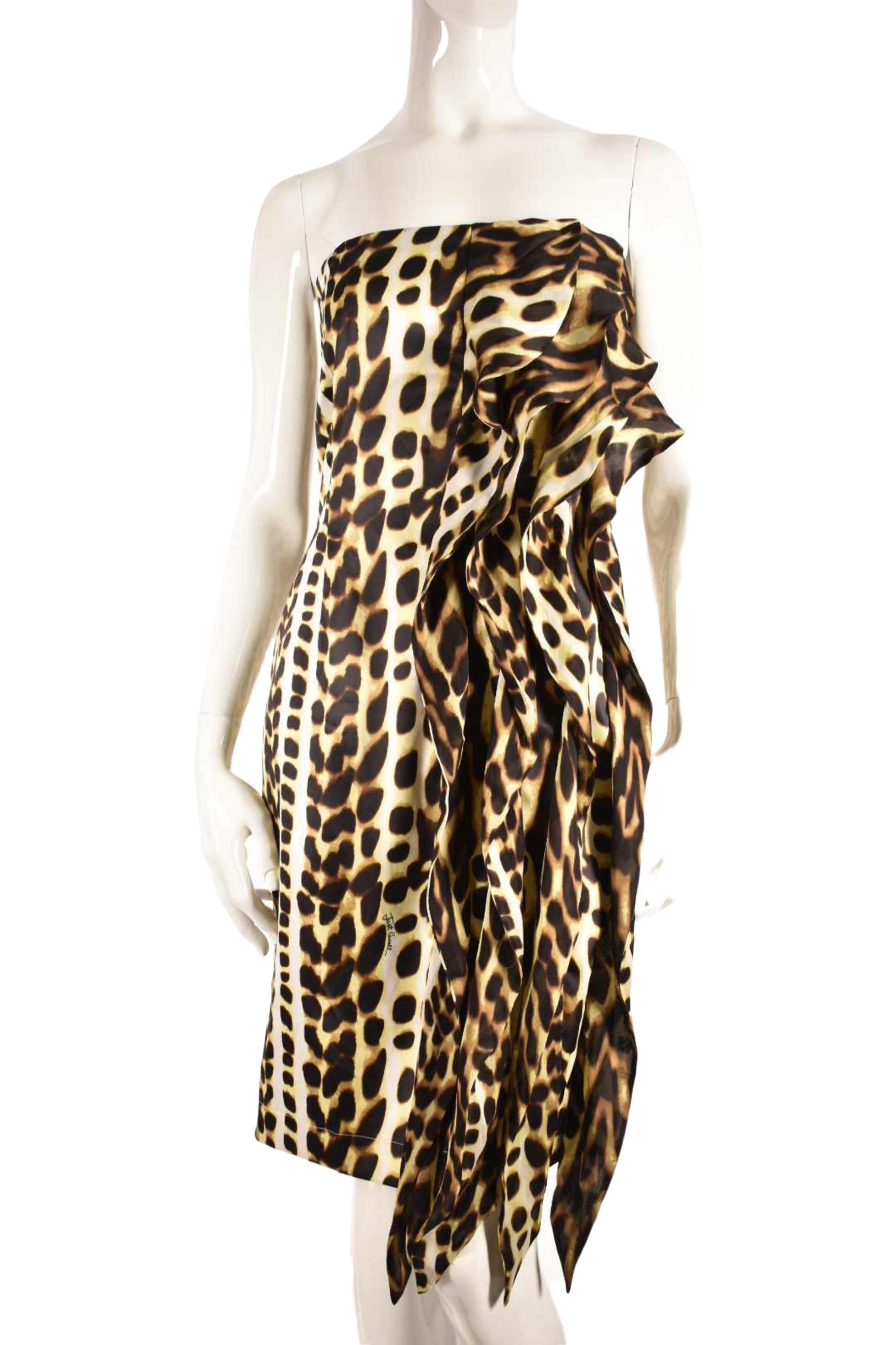 2009 JUST CAVALLI Leopard Print Strapless Silk Fringe Resort Dress