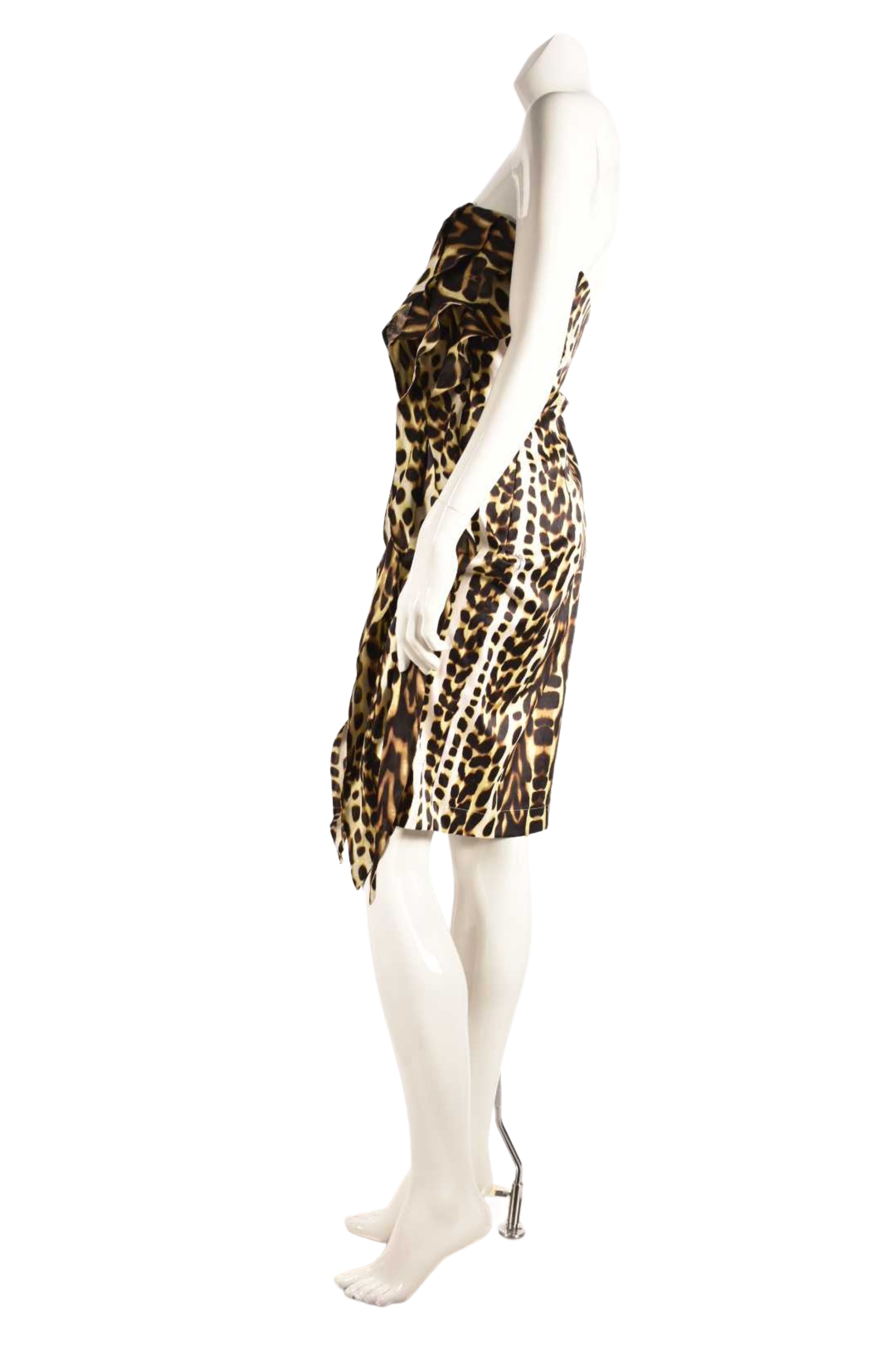 2009 JUST CAVALLI Leopard Print Strapless Silk Fringe Resort Dress