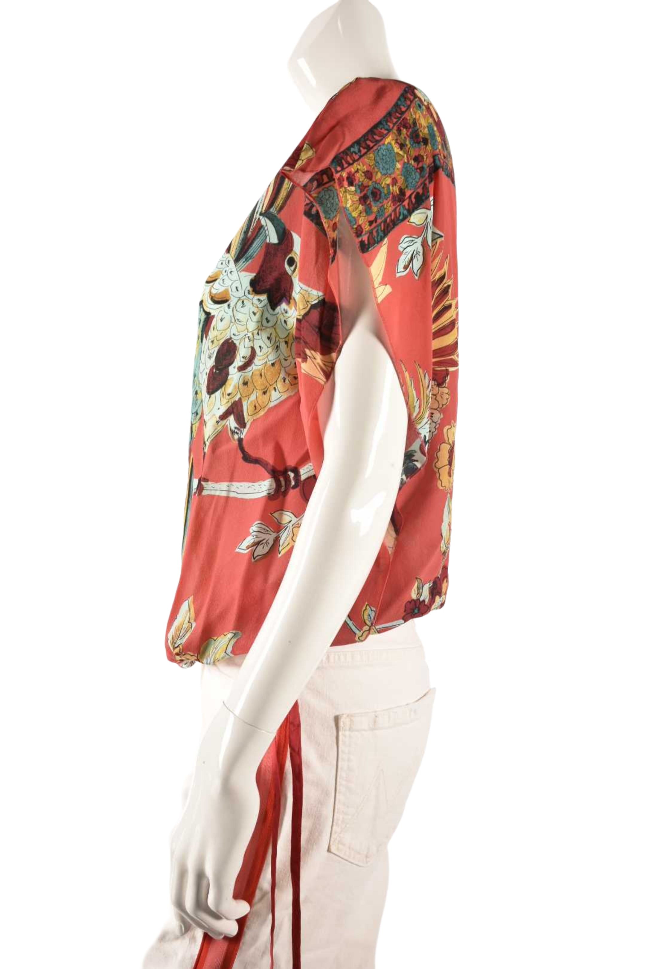 RED VALENTINO Red Silk Tropical Birds Sleevless Tunic Top 44EU Large