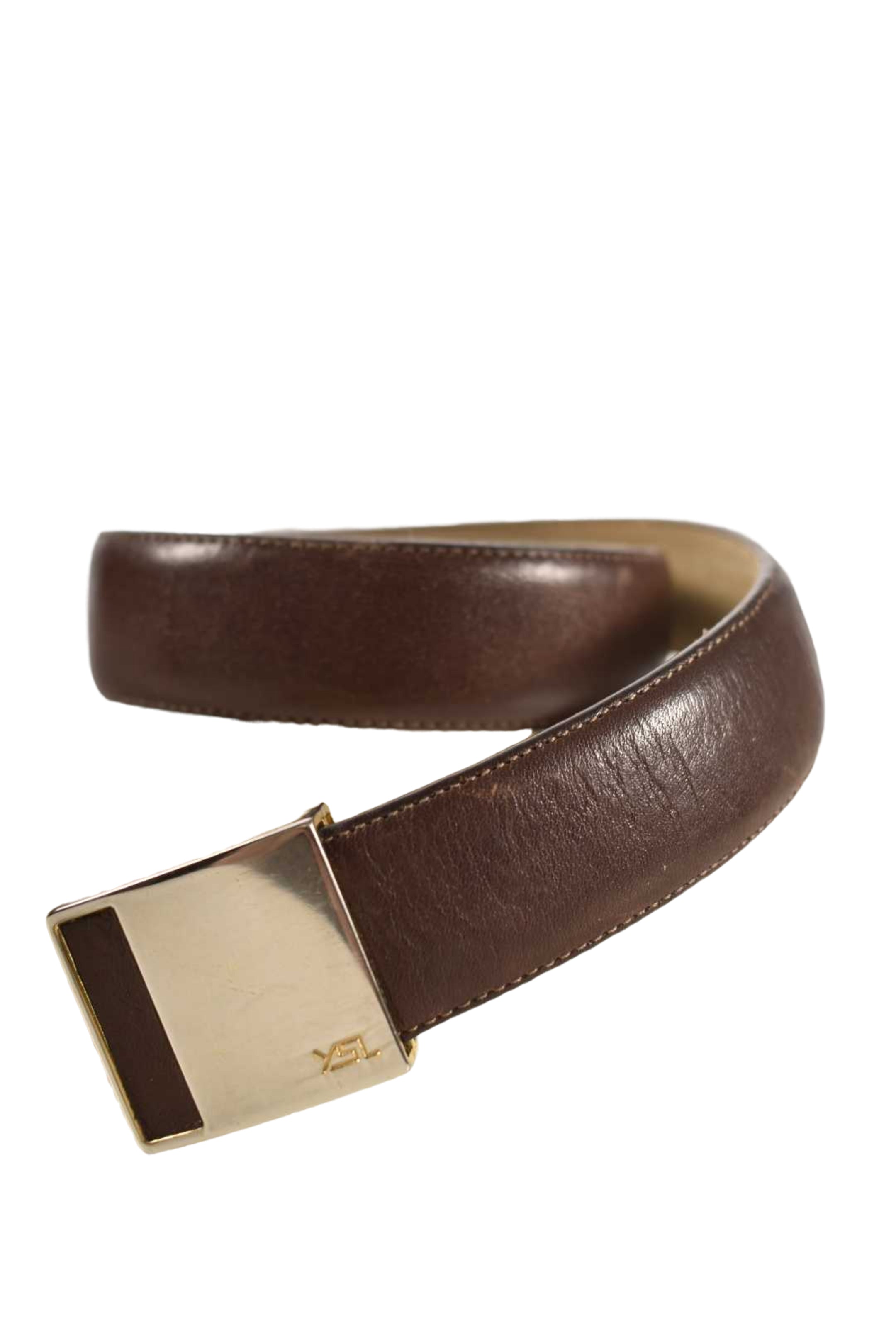 1980s YVES SAINT LAURENT YSL Brown Cowhide Leather Inlaid Buckle Belt 38"