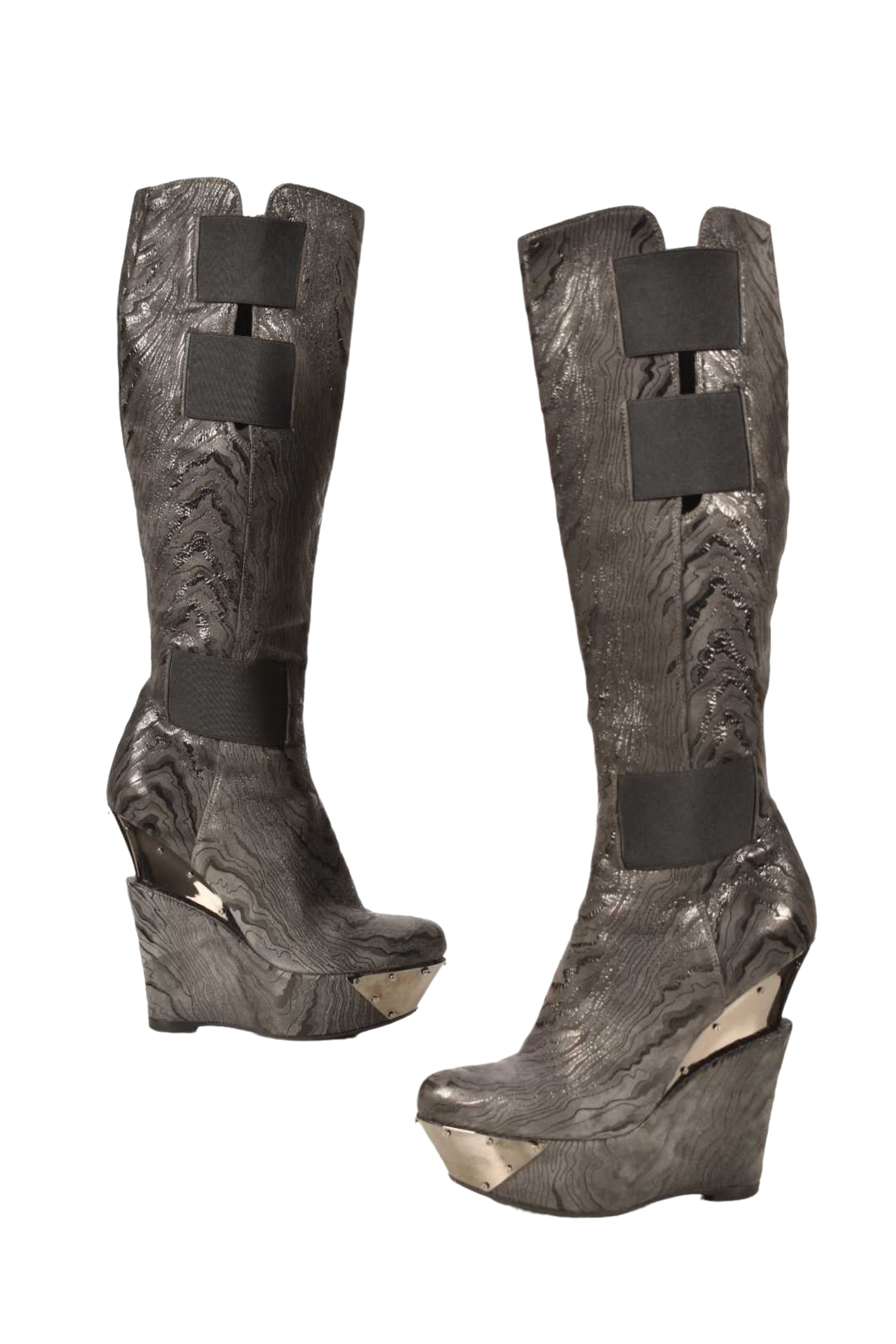 LORIBLU Grey Leather Marble Wedge Metallic Boots 7US