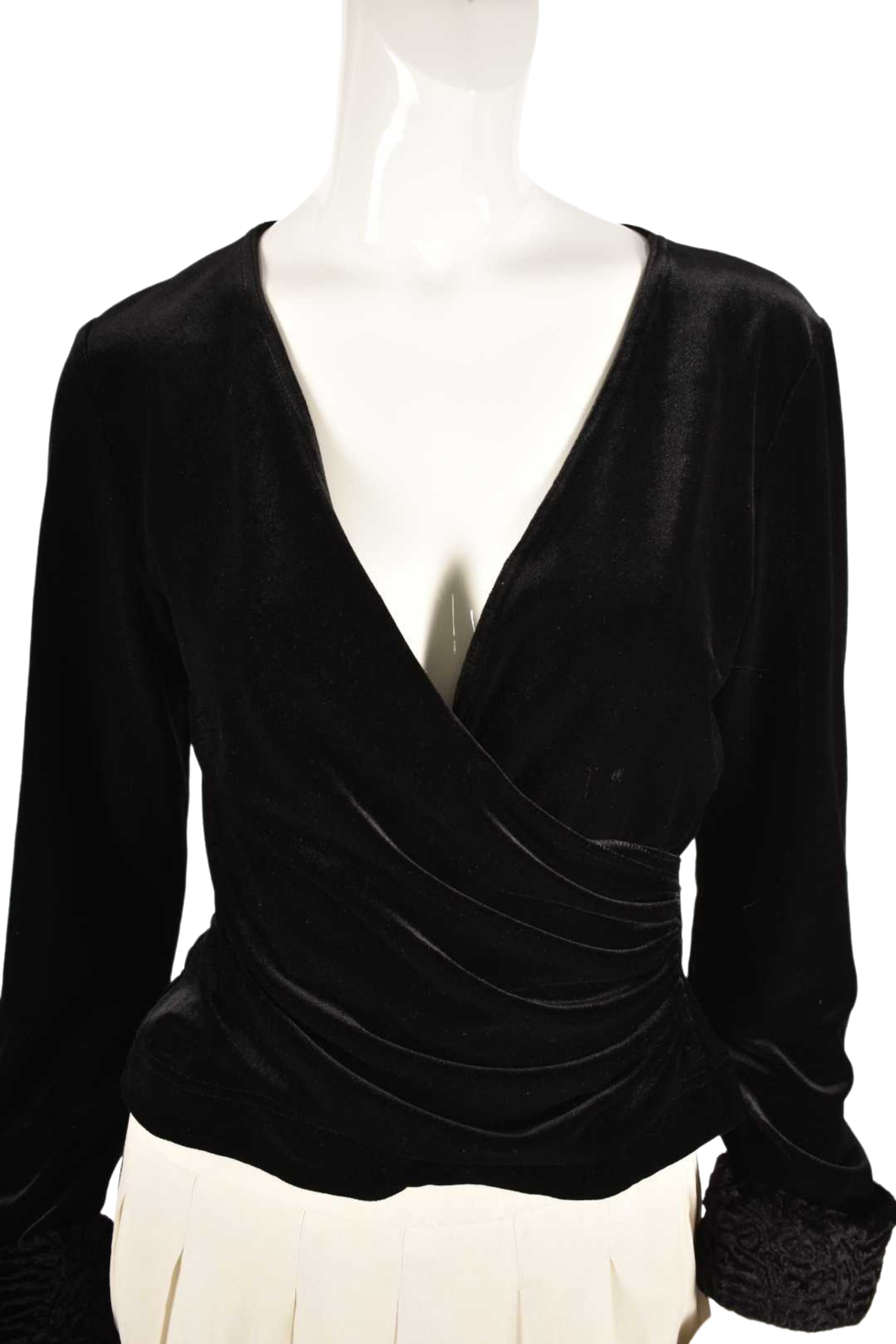 1980s TADASHI SHOJI Black Velvet Plunge Top Fur Cuffs Small