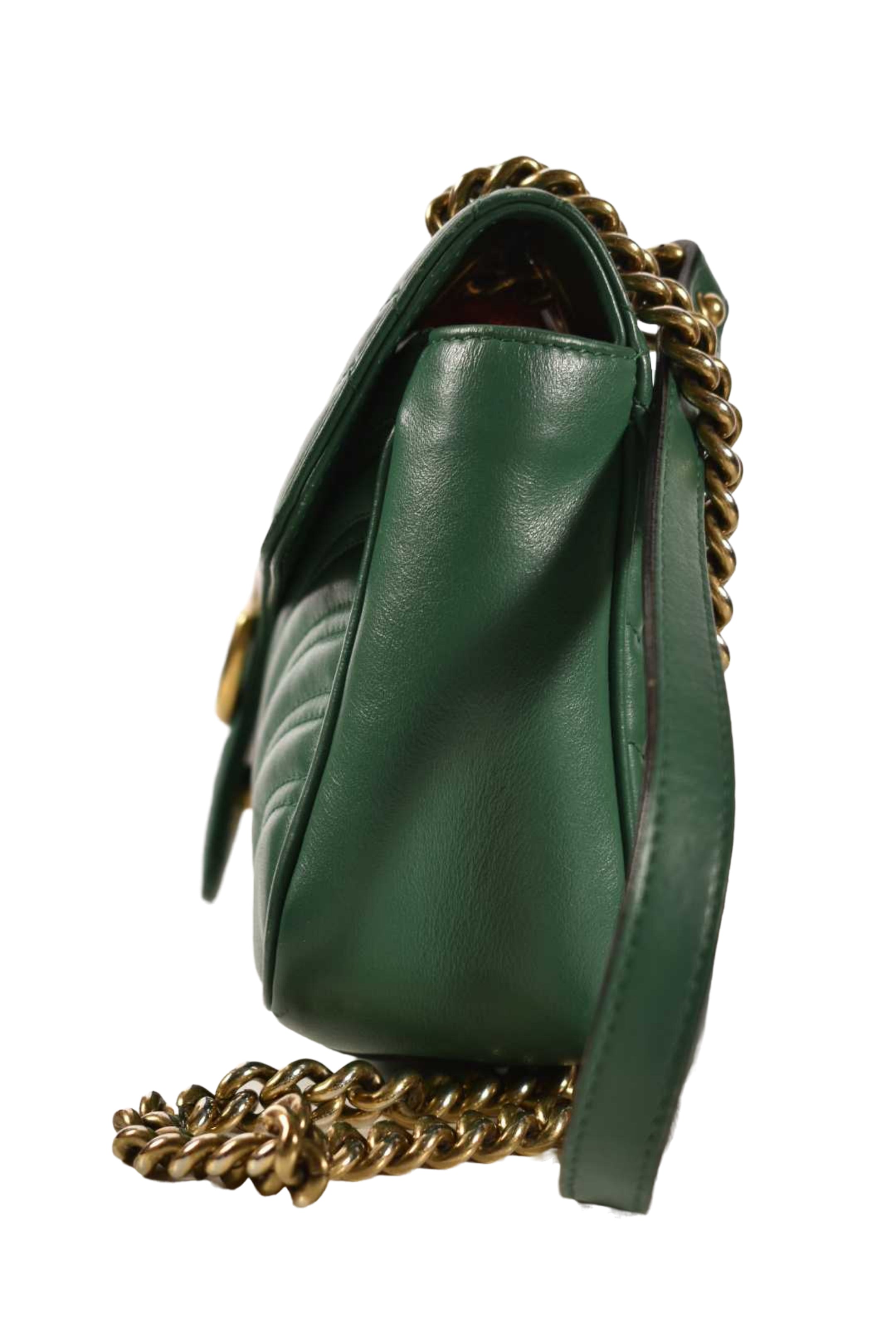 GUCCI Green Calfskin Leather Marmont GG Small Shoulder Bag