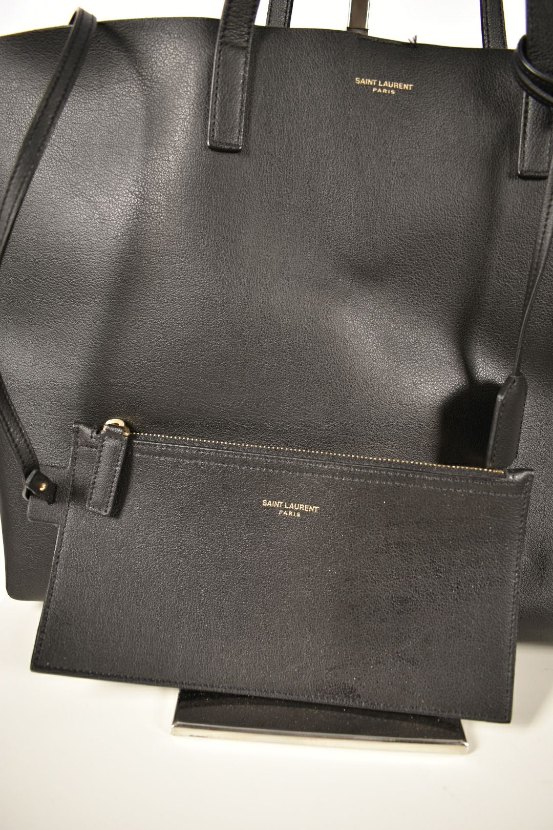 SAINT LAURENT Black Calfskin Leather Shopper Tote Italy