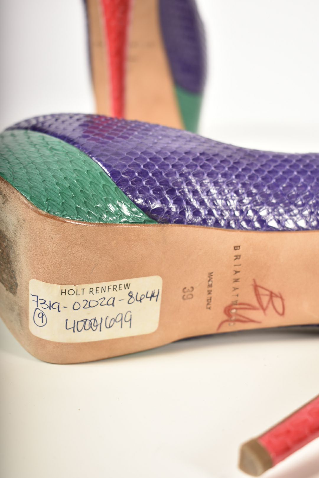 Insane BRIAN ATWOOD Purple Green Coral Watersnake Miami 6" Pumps 38/39 Italy